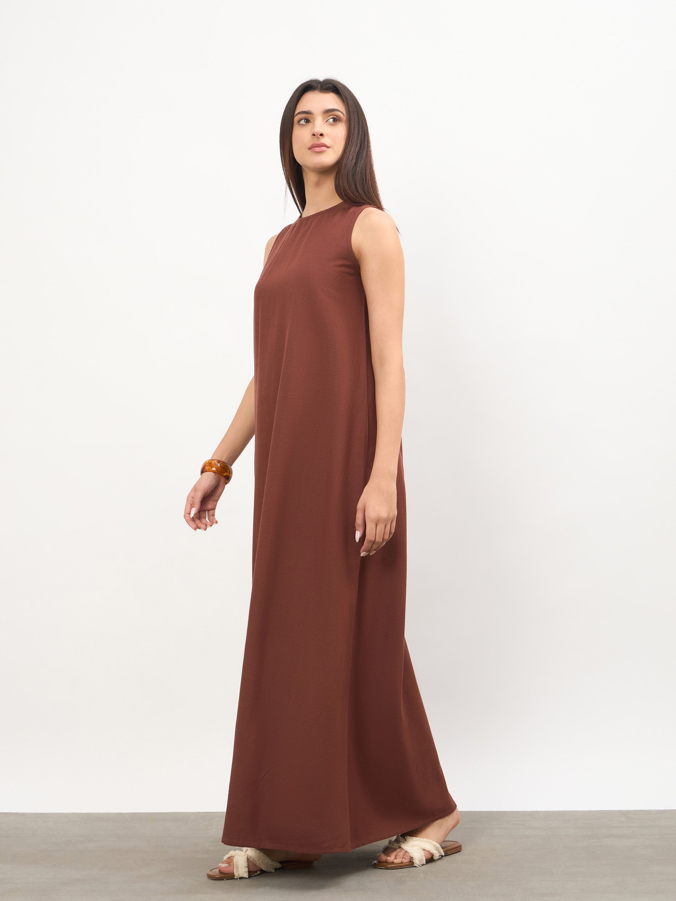 Women Brown Solid Sleeveless A-Line Maxi Dress