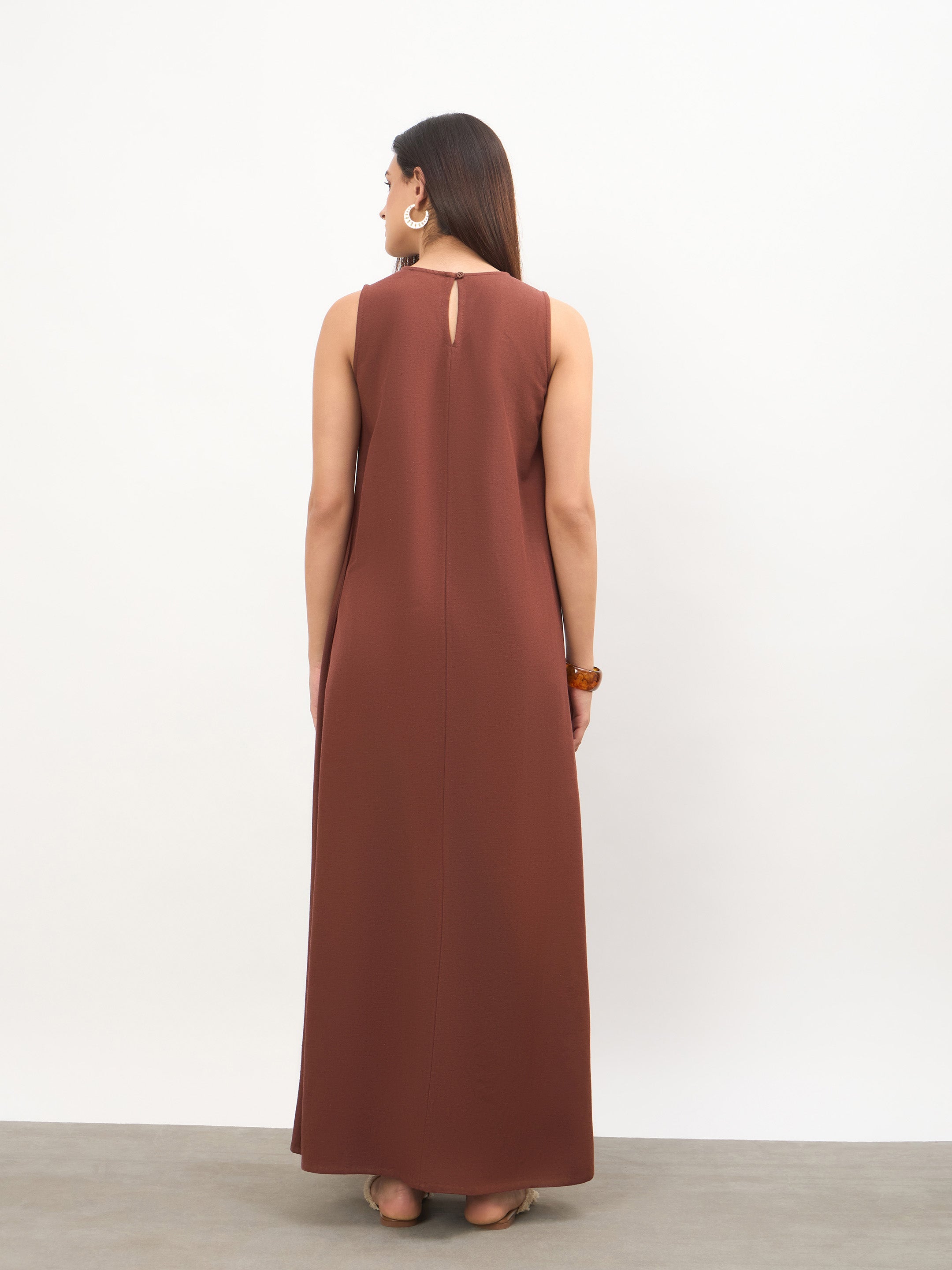Women Brown Solid Sleeveless A-Line Maxi Dress