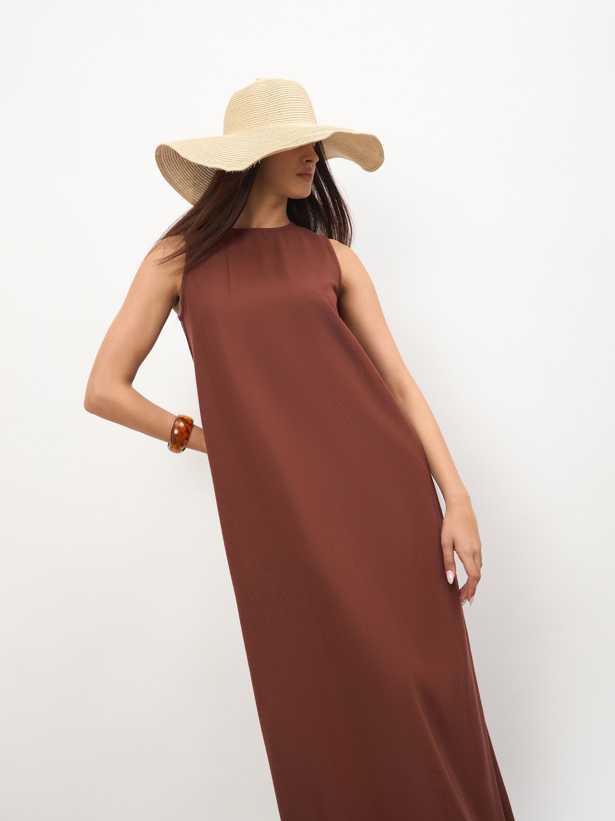 Women Brown Solid Sleeveless A-Line Maxi Dress