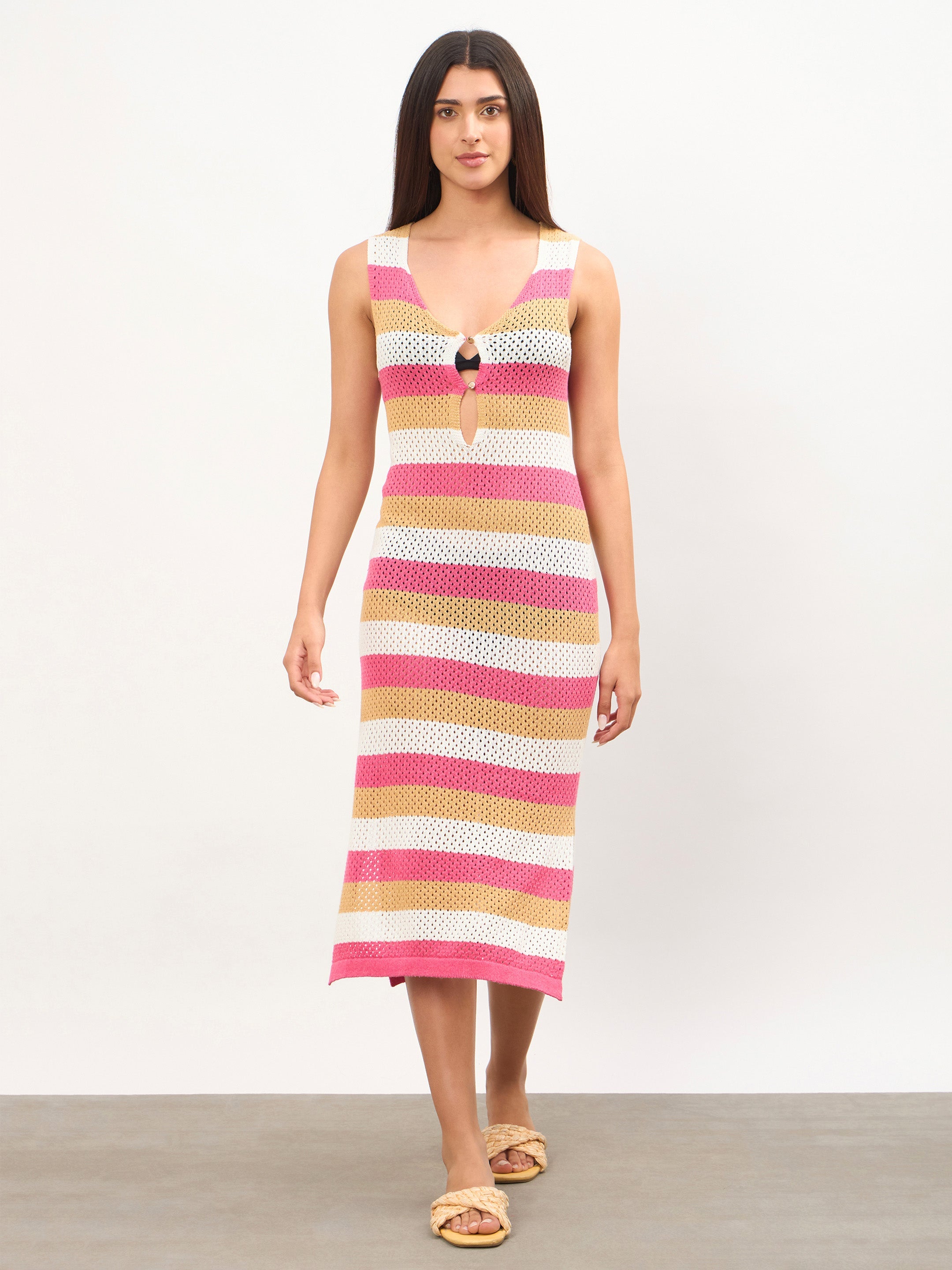 Women Pink Crochet Sleeveless Beach Midi Dress