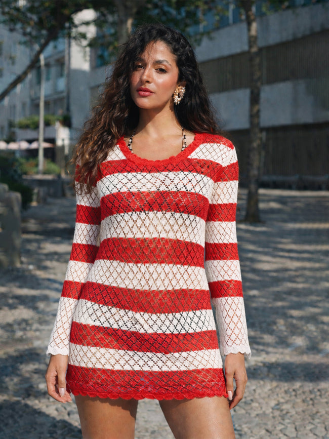 Women Red & White Crochet Full Sleeve Short Beach Dress