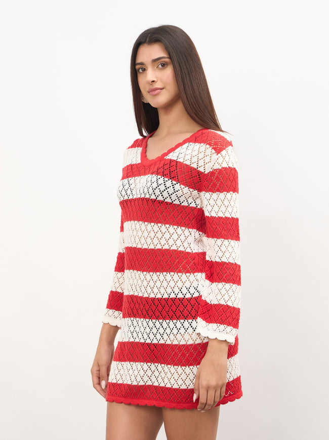 strapless open back dress Women Red & White Crochet Full Sleeve Short Beach Dress – FYVA
