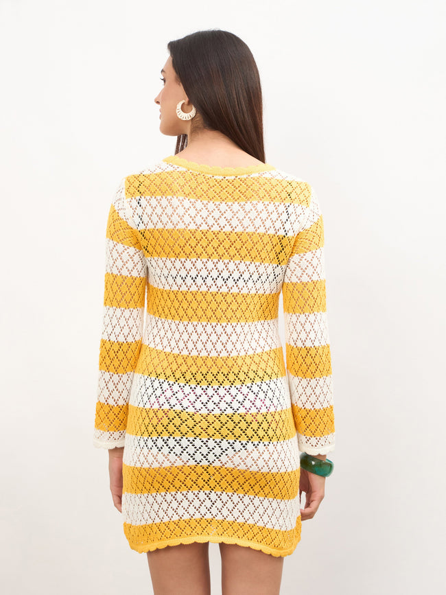 shirred beach dress Women Mustard & White Crochet Full Sleeve Short Beach Dress – FYVA