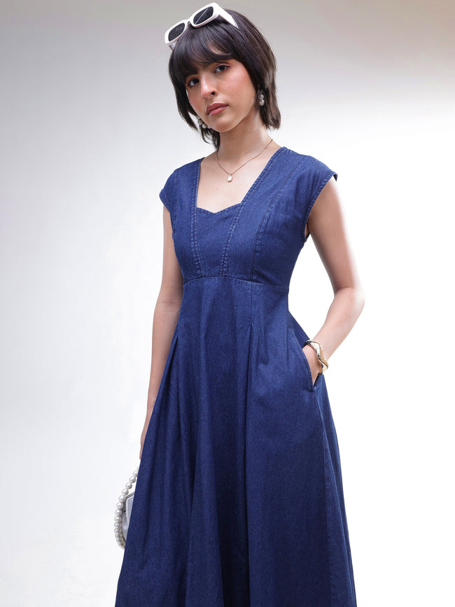 Women Navy Denim Sweetheart Neck A-Line Midi Dress