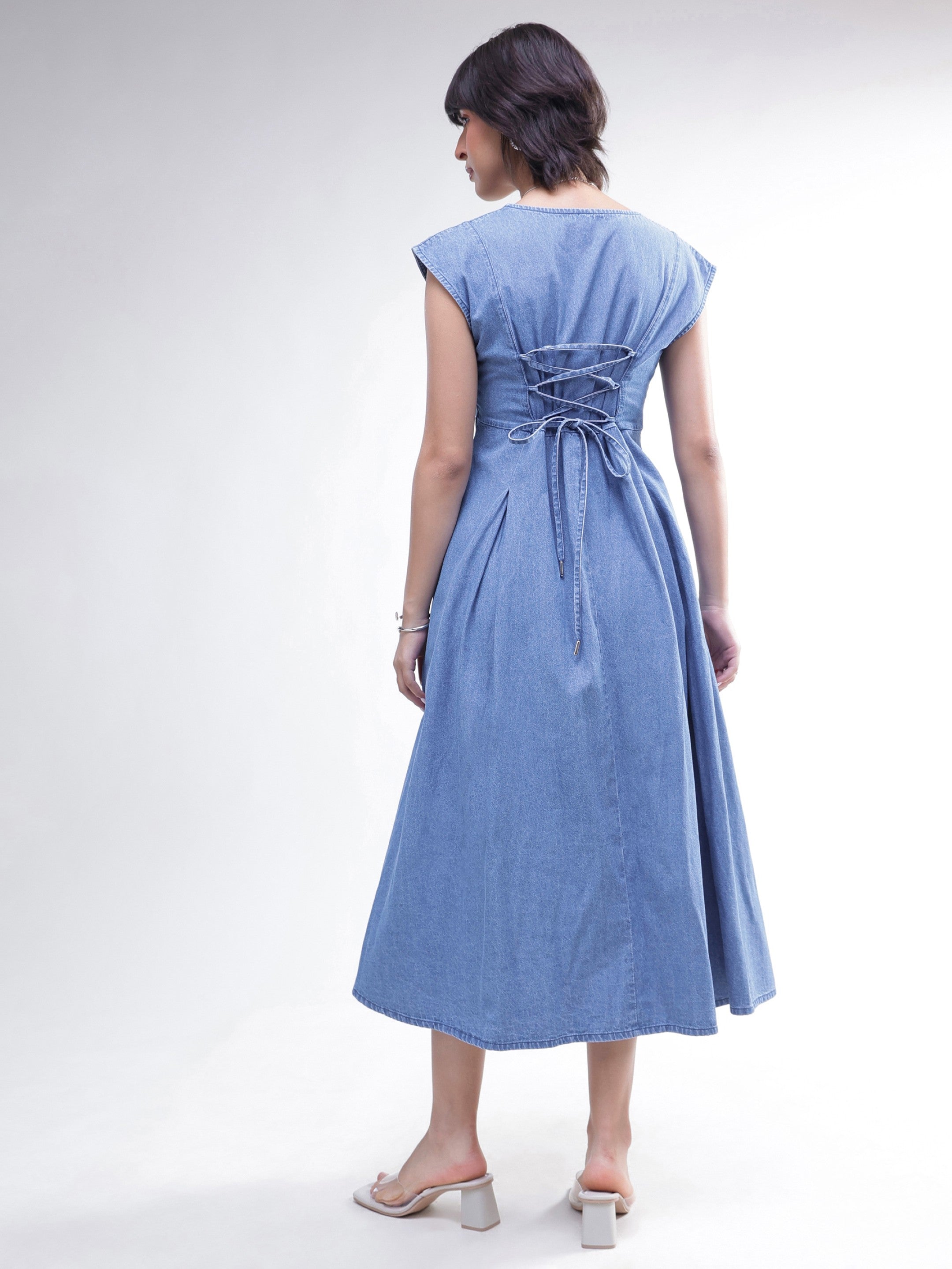 Women Blue Denim Sweetheart Neck A-Line Midi Dress