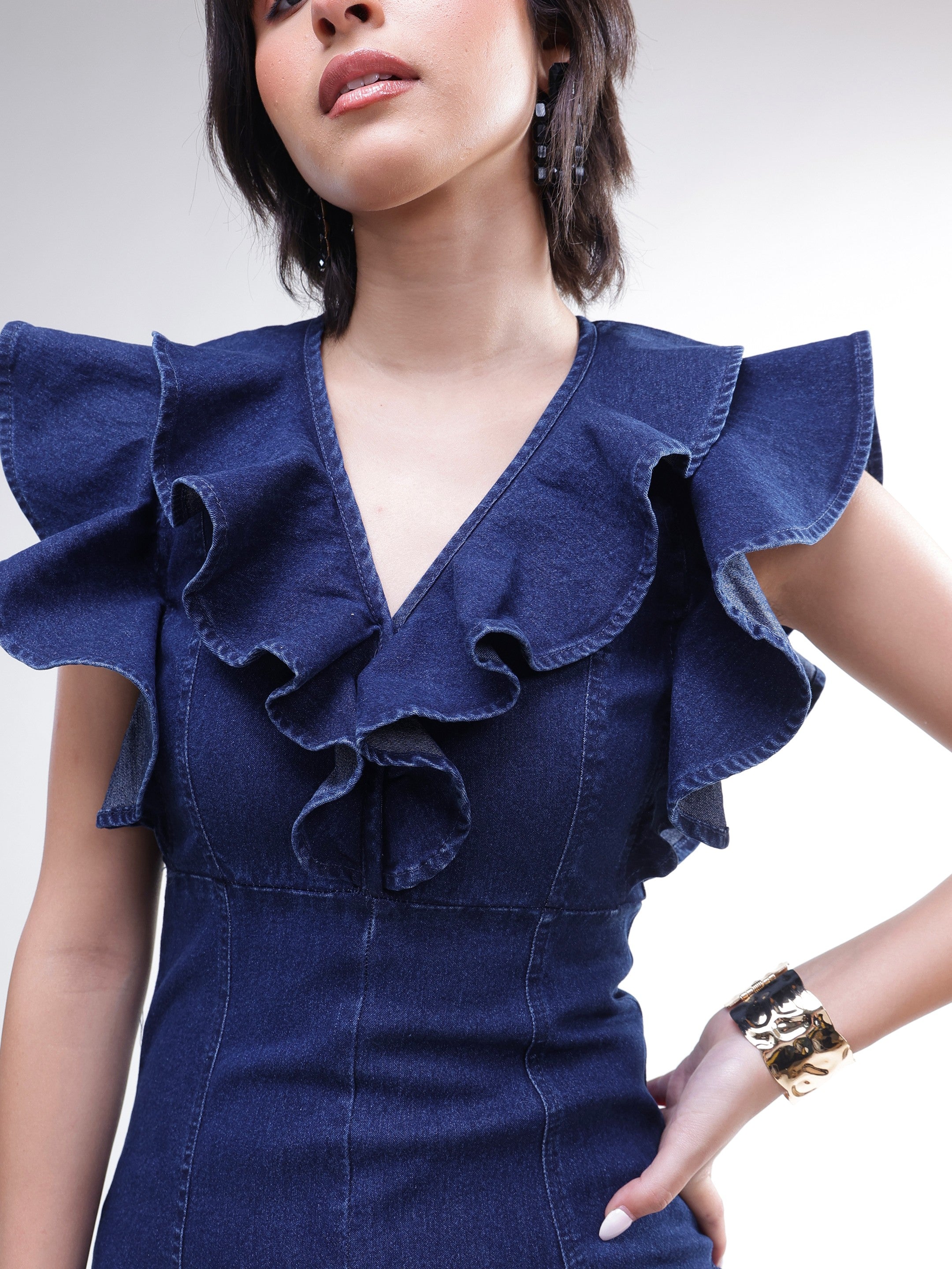 Women Navy V Neck Front Ruffle Midi Dress