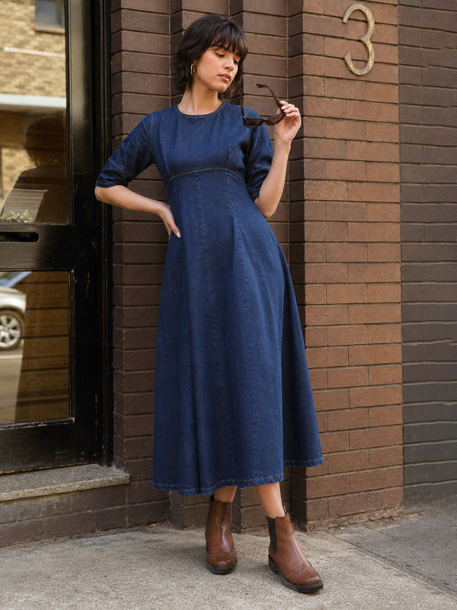 Women Navy Denim Short Sleeves Midi Dress