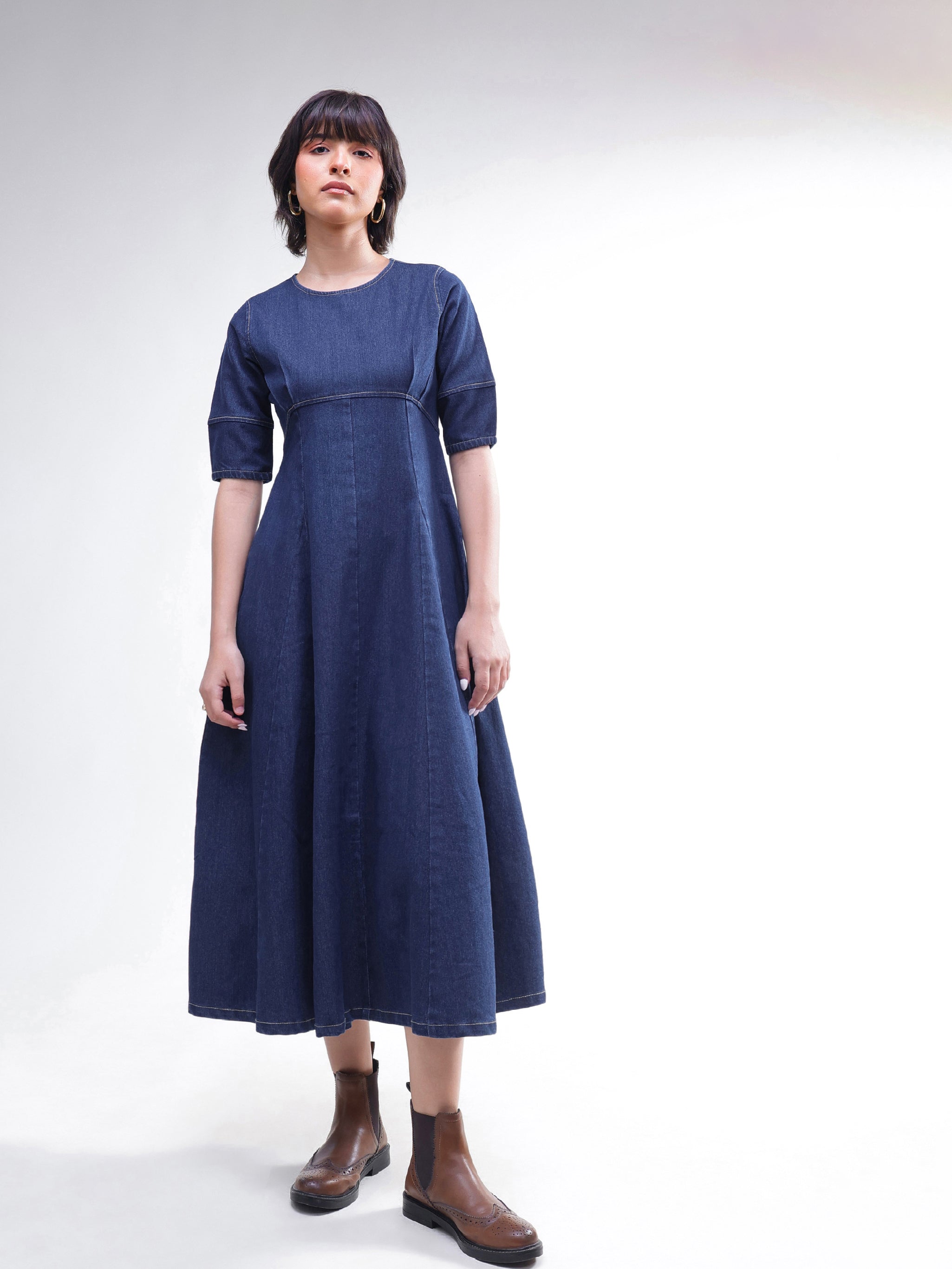 Women Navy Denim Short Sleeves Midi Dress