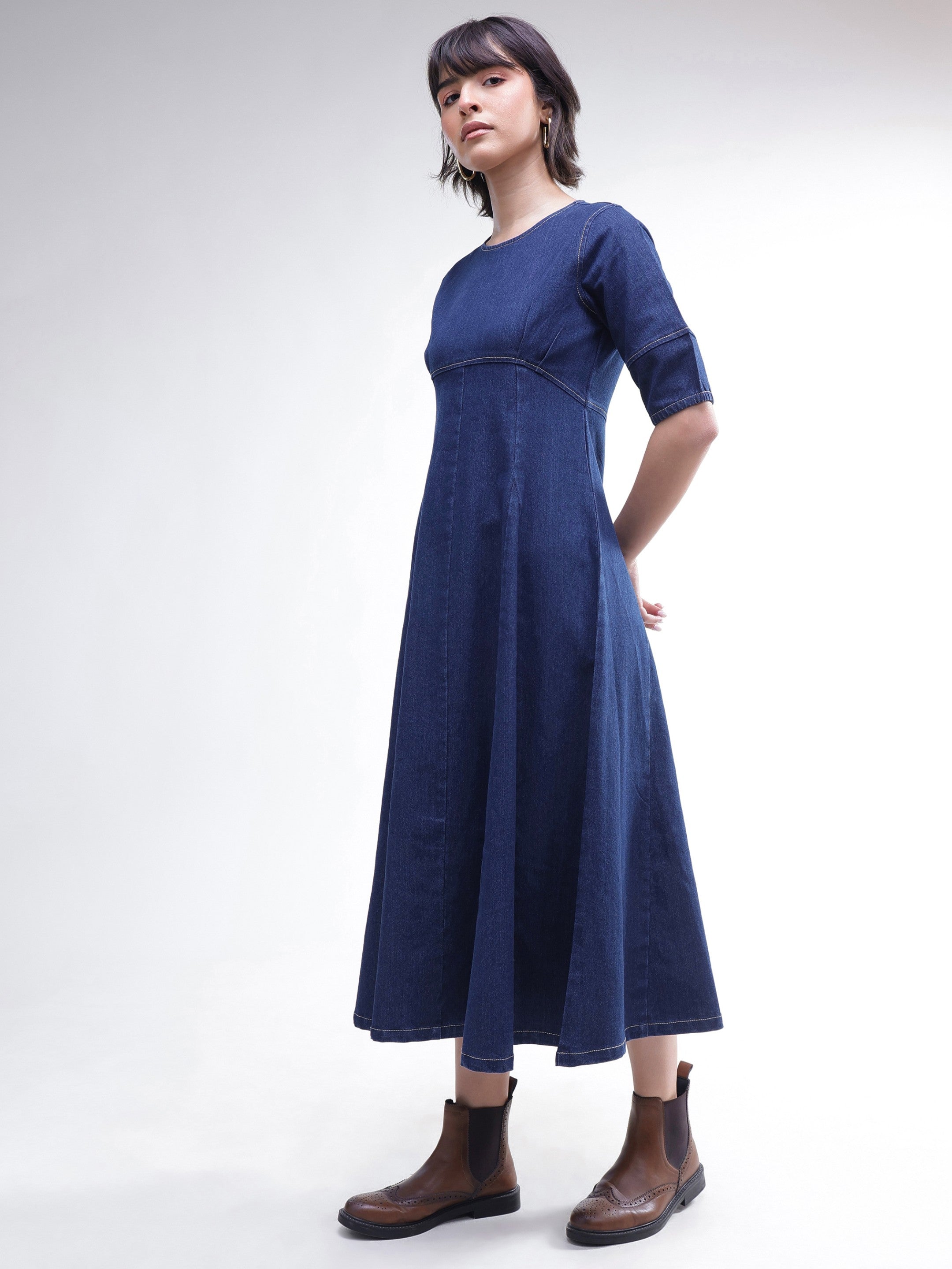 Women Navy Denim Short Sleeves Midi Dress