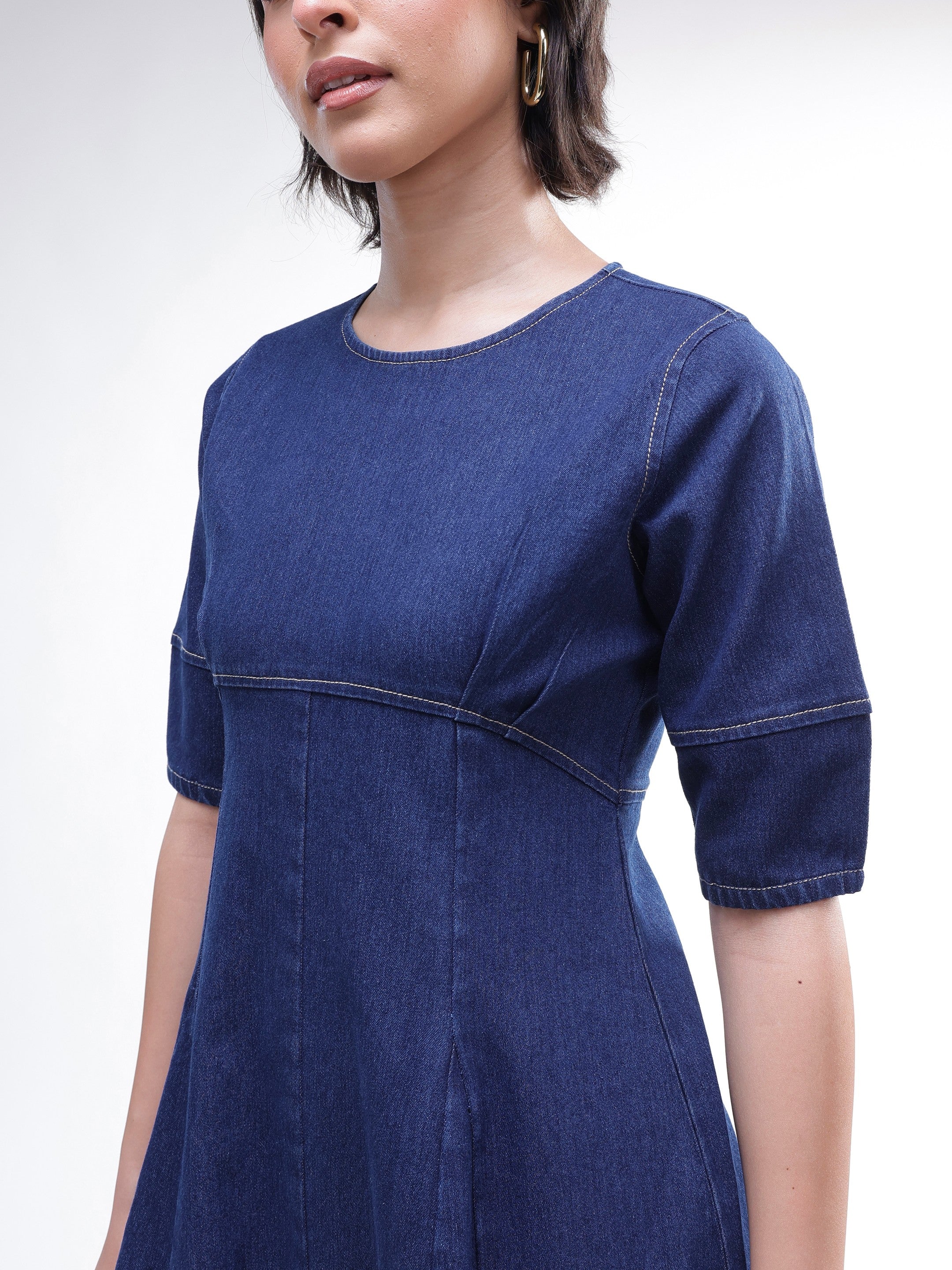 Women Navy Denim Short Sleeves Midi Dress