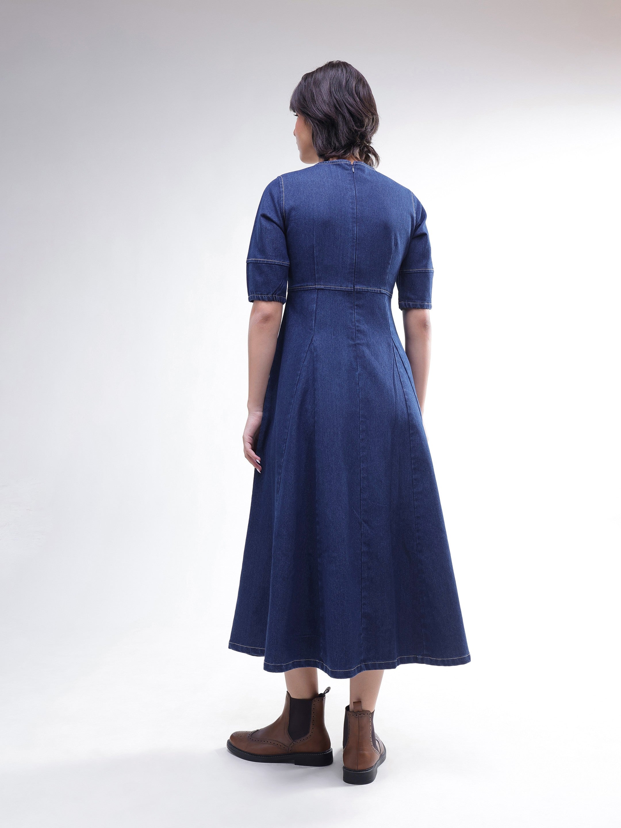 Women Navy Denim Short Sleeves Midi Dress