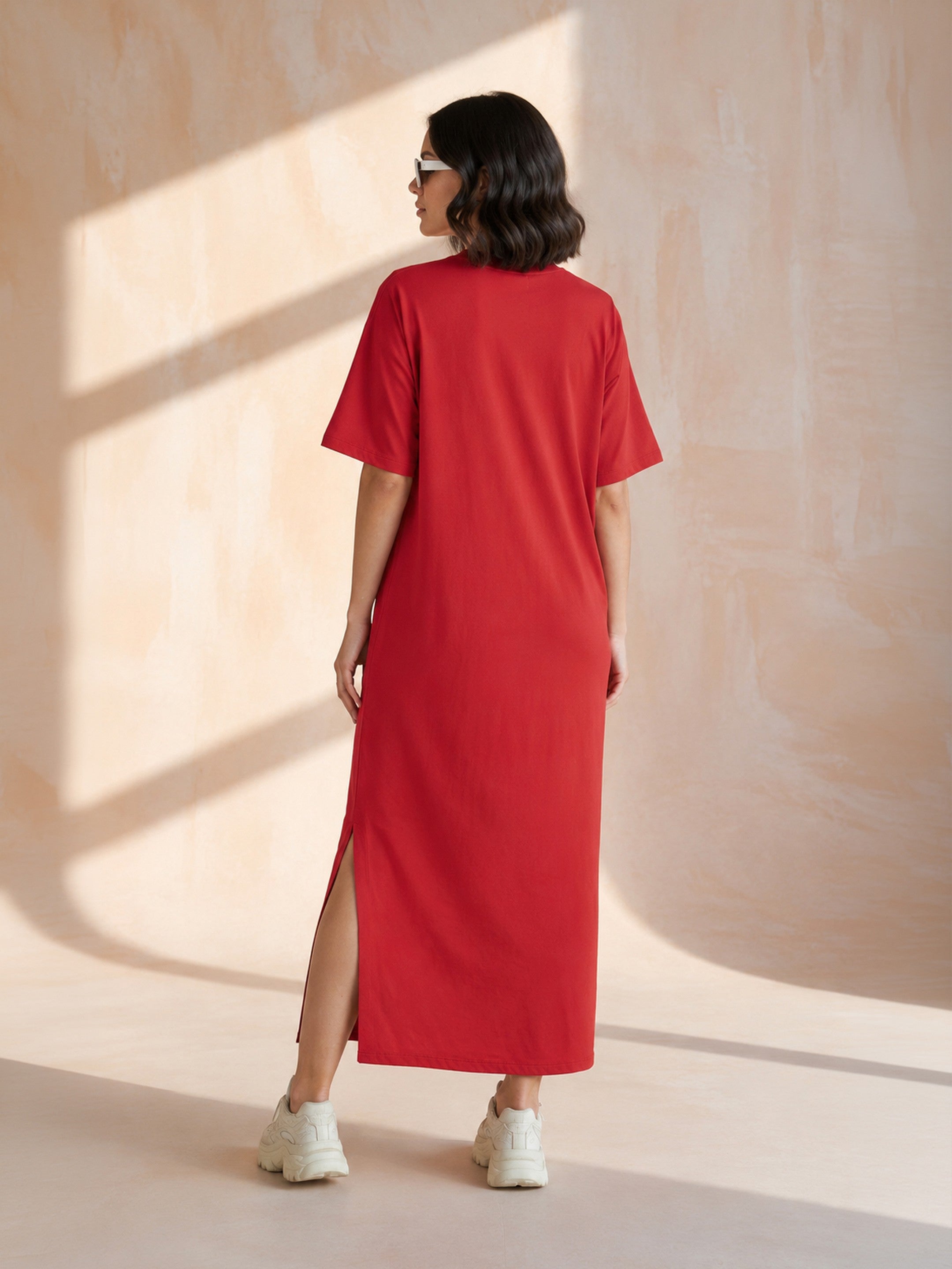 Women Red Oversized Round Neck T-Shirt Maxi Dress