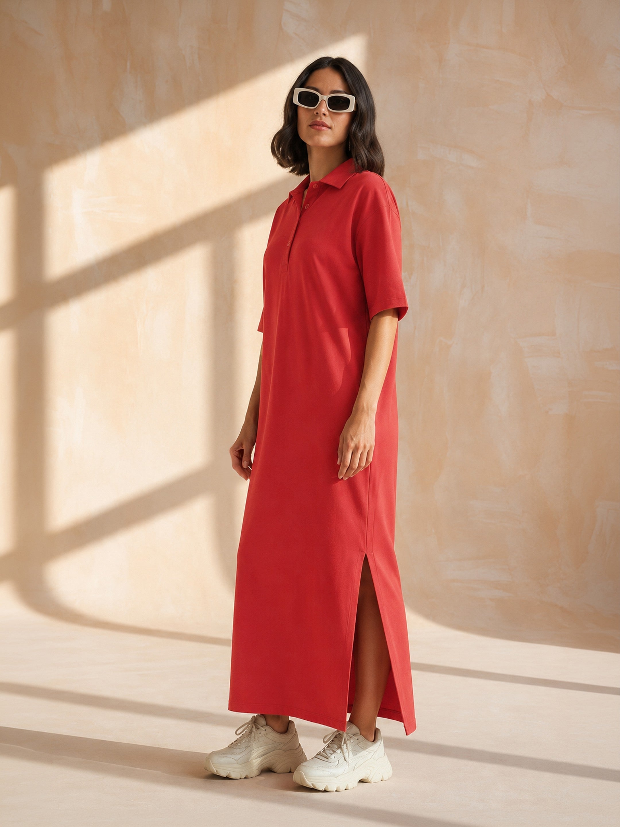 Women Red Oversized Polo Neck T-Shirt Maxi Dress