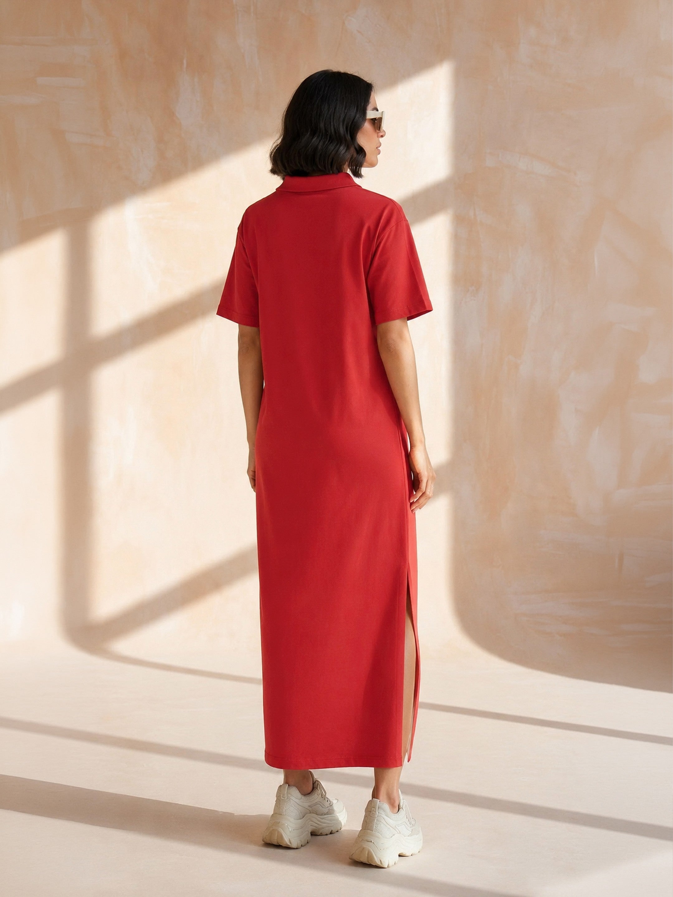 Women Red Oversized Polo Neck T-Shirt Maxi Dress