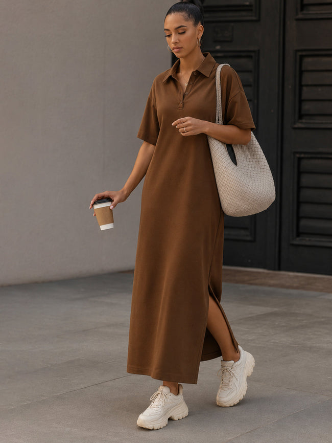 Women Brown Oversized Polo Neck T-Shirt Maxi Dress