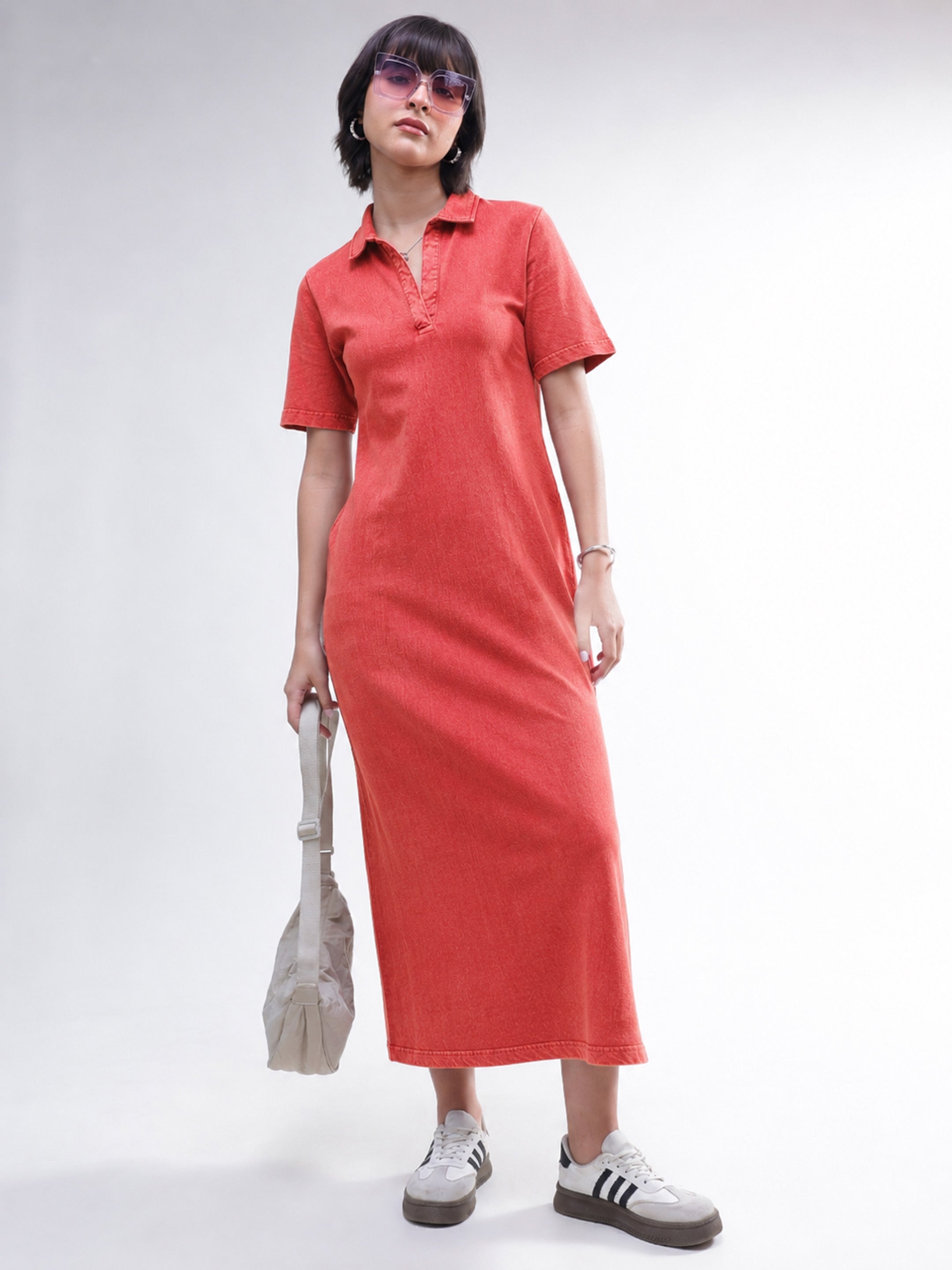 Women Red Overdyed Polo Neck T-Shirt Midi Dress