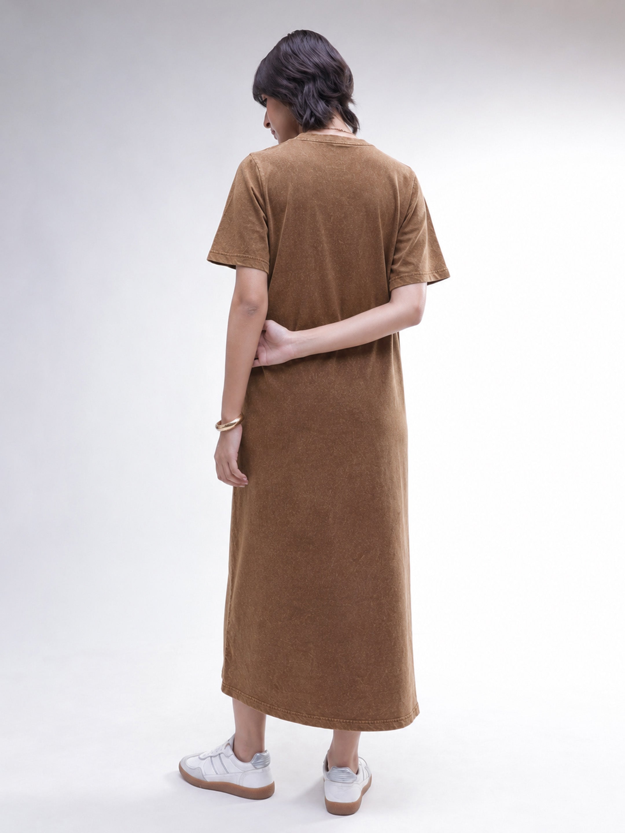 Women Brown Overdyed Short Sleeves T-Shirt Midi Dress