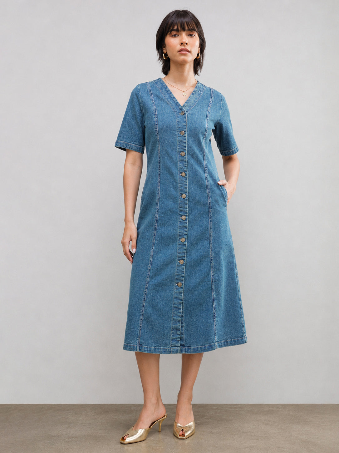 Women Blue Washed Denim Button Down Midi Dress