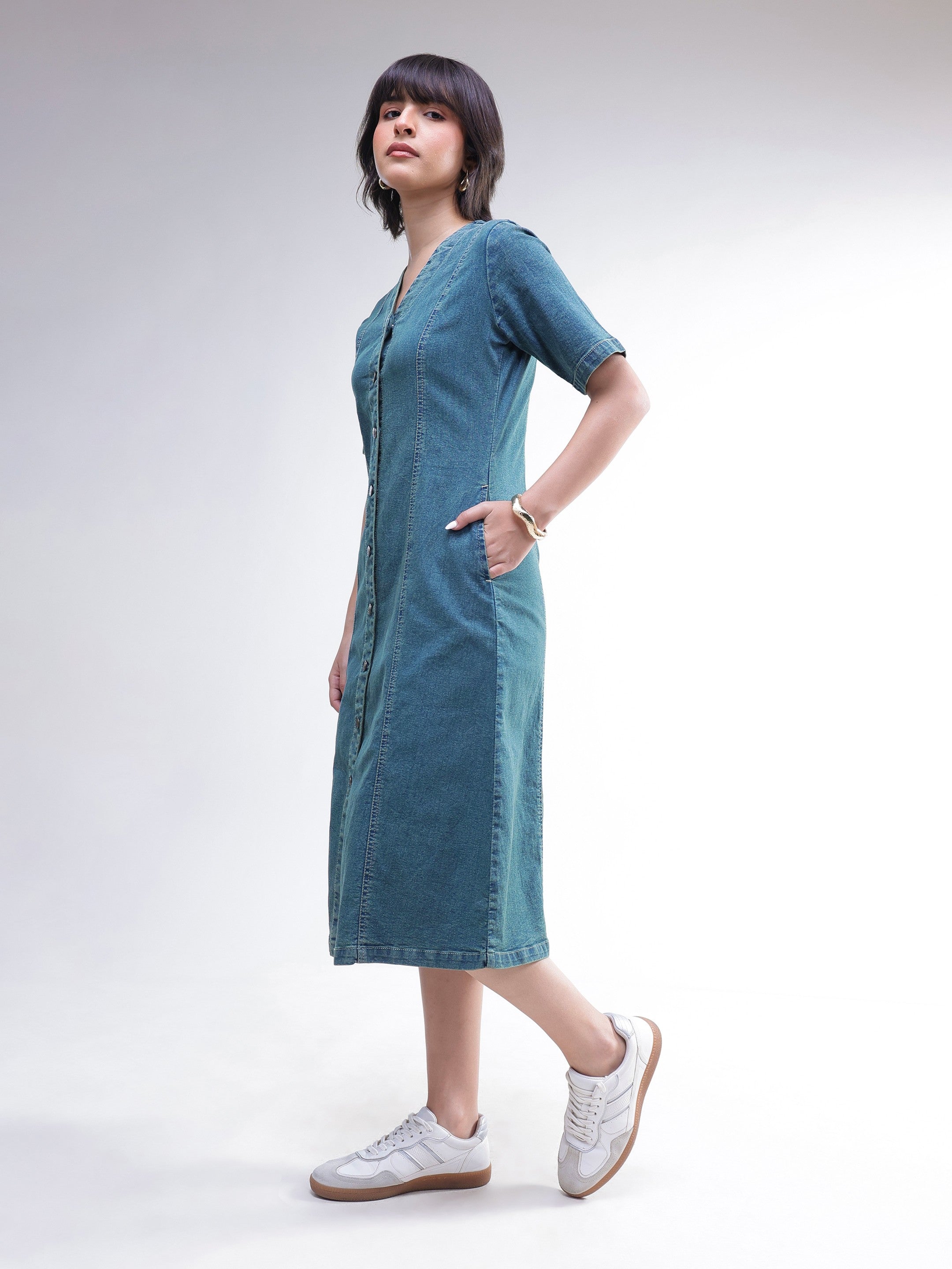 Women Blue Washed Denim Button Down Midi Dress
