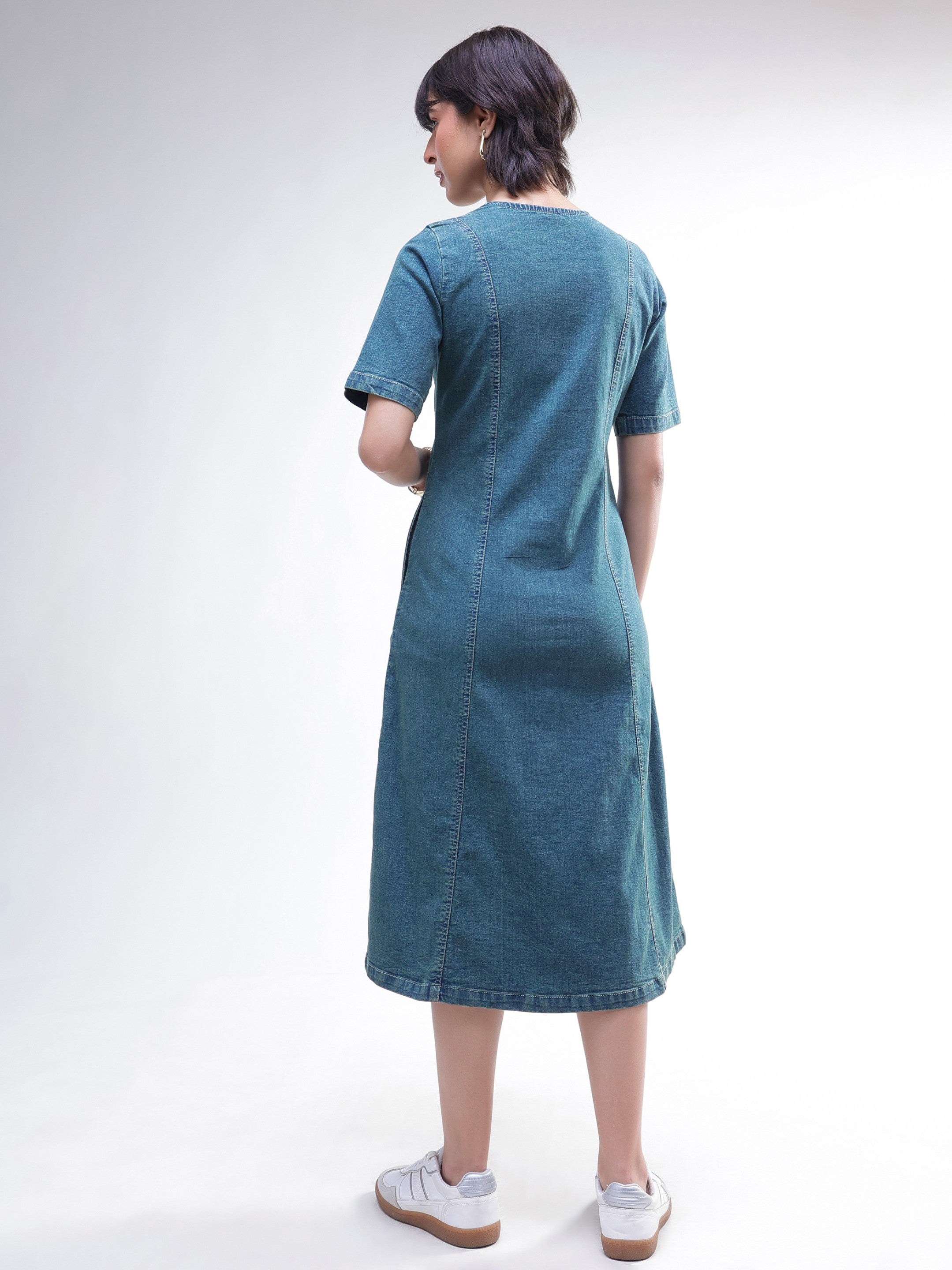 Women Blue Washed Denim Button Down Midi Dress