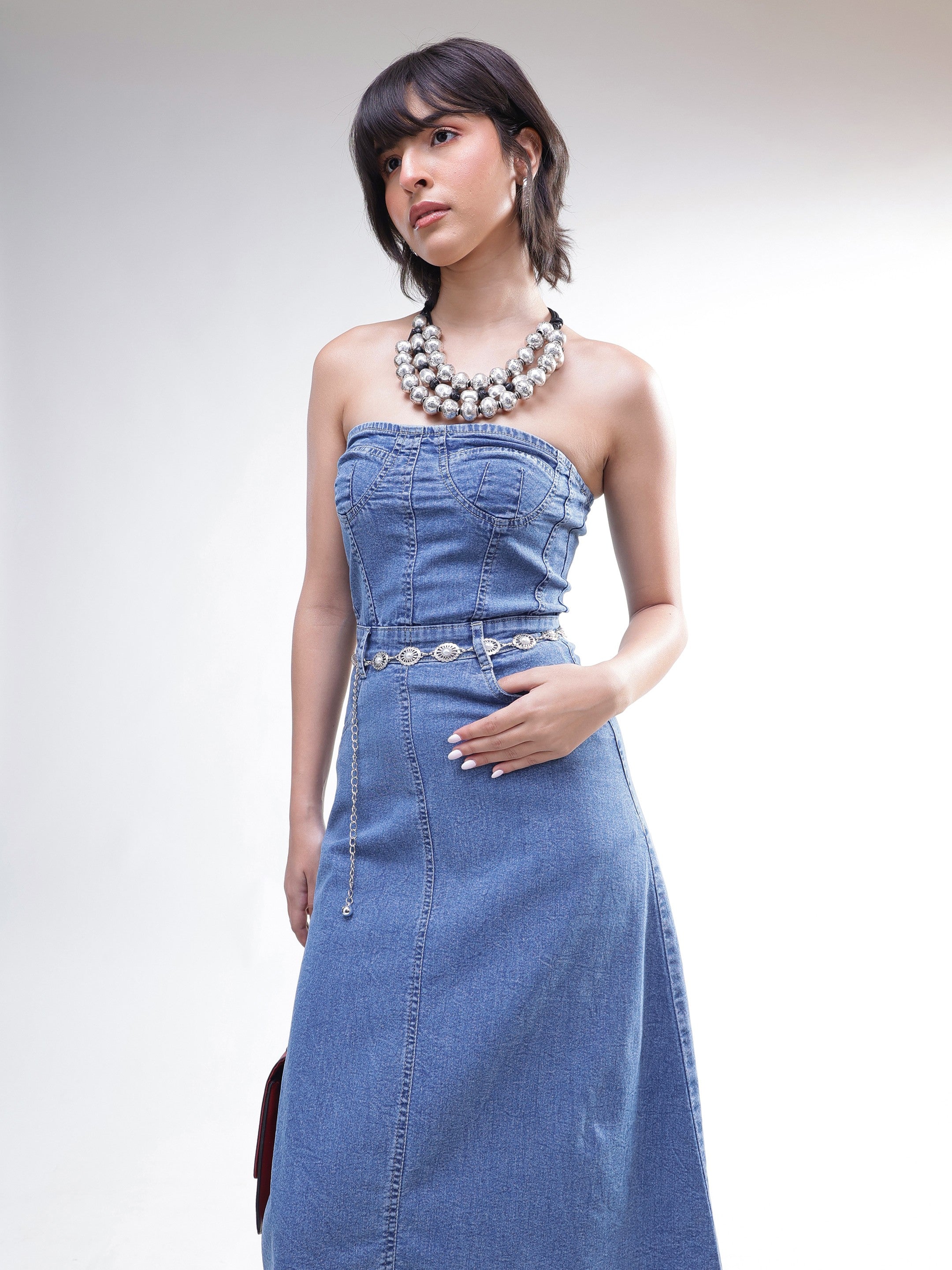 Women Blue Wash Denim Wash Tube Dress