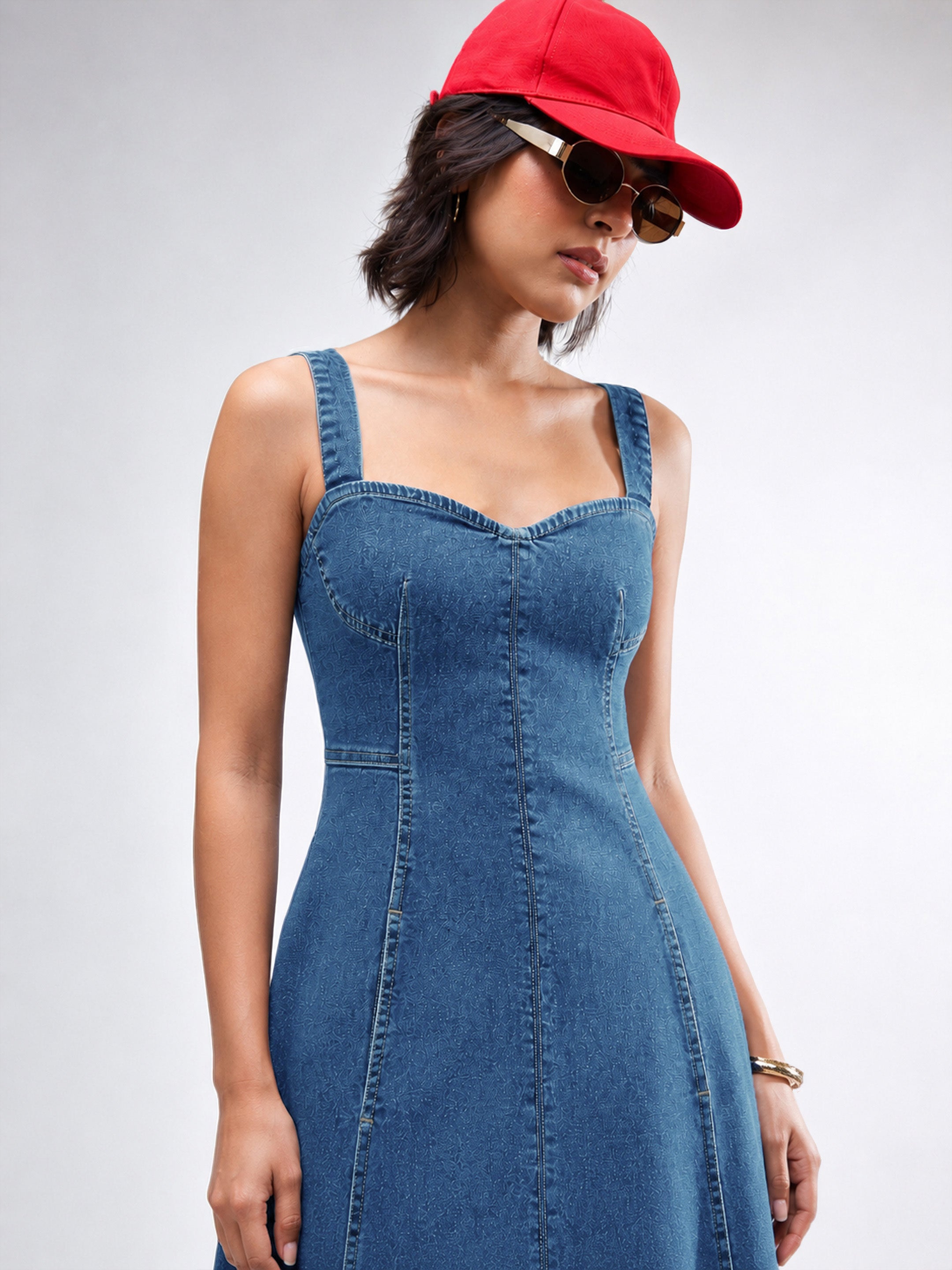 Women Blue Washed Denim Strappy A-Line Midi Dress