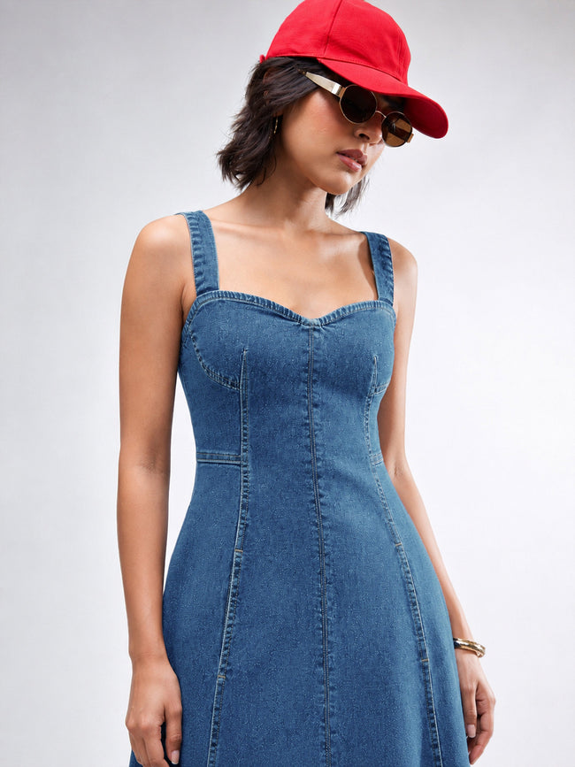 Women Blue Washed Denim Strappy A-Line Midi Dress
