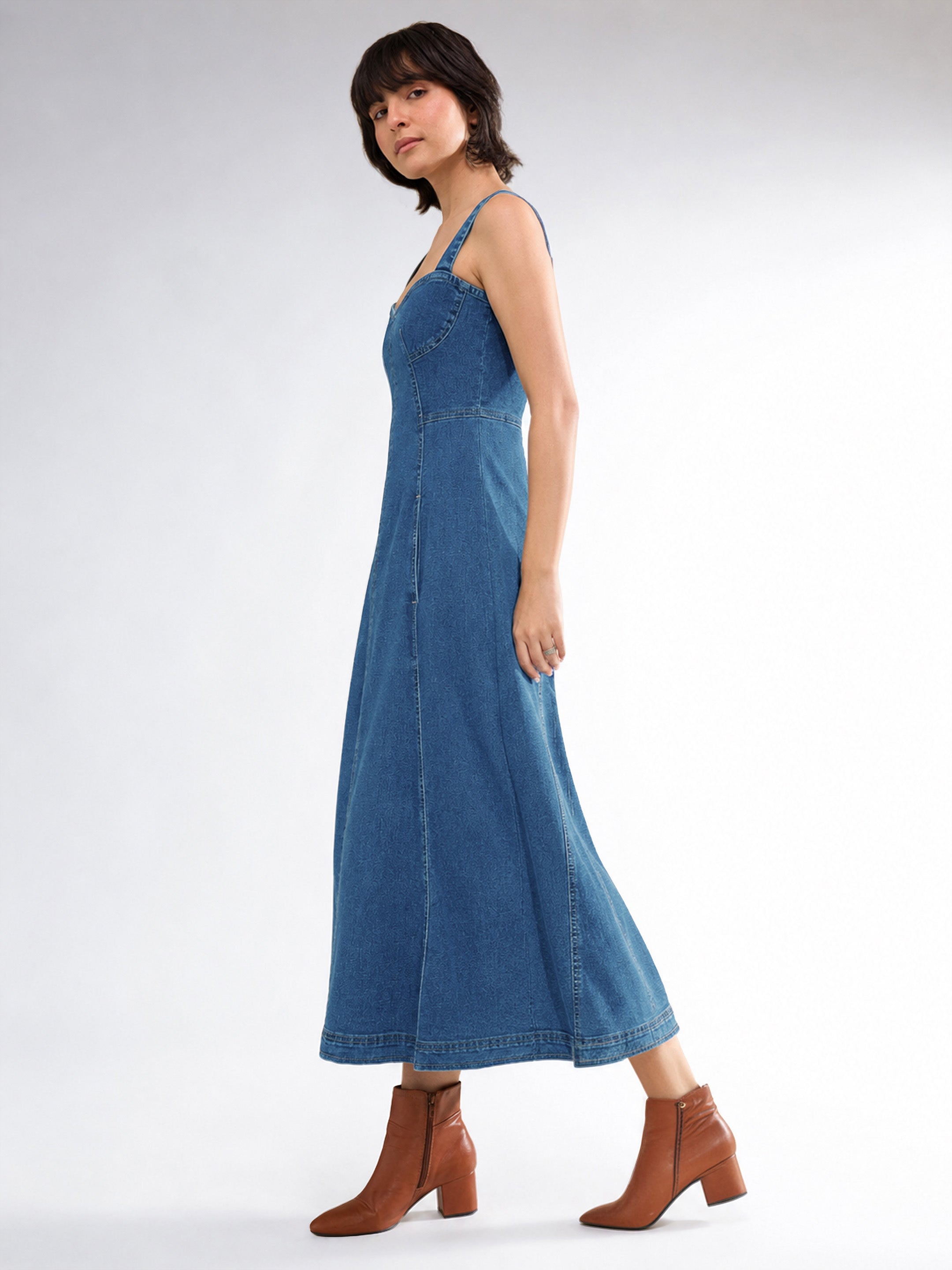 Women Blue Washed Denim Strappy A-Line Midi Dress