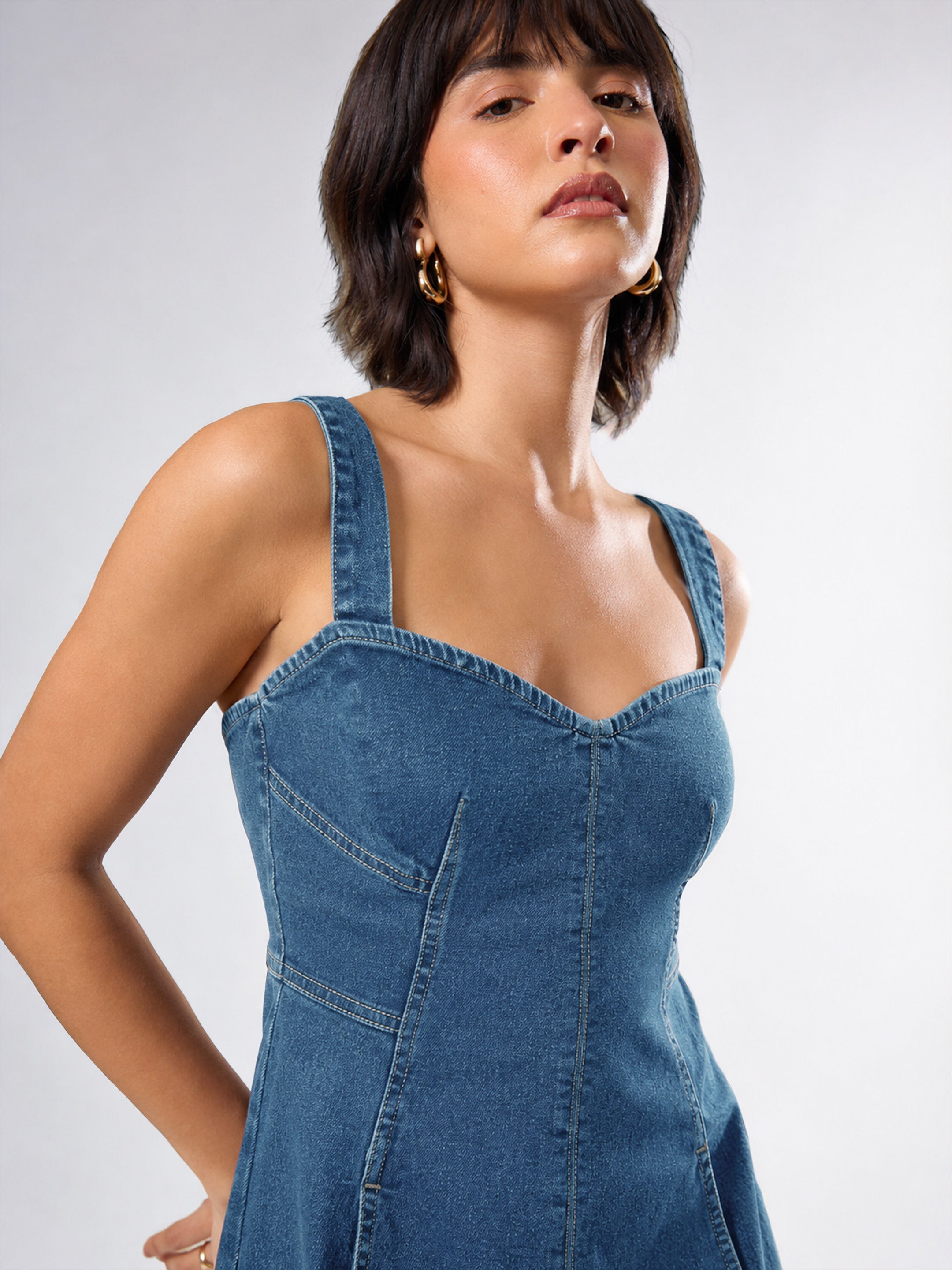 Women Blue Washed Denim Strappy A-Line Midi Dress
