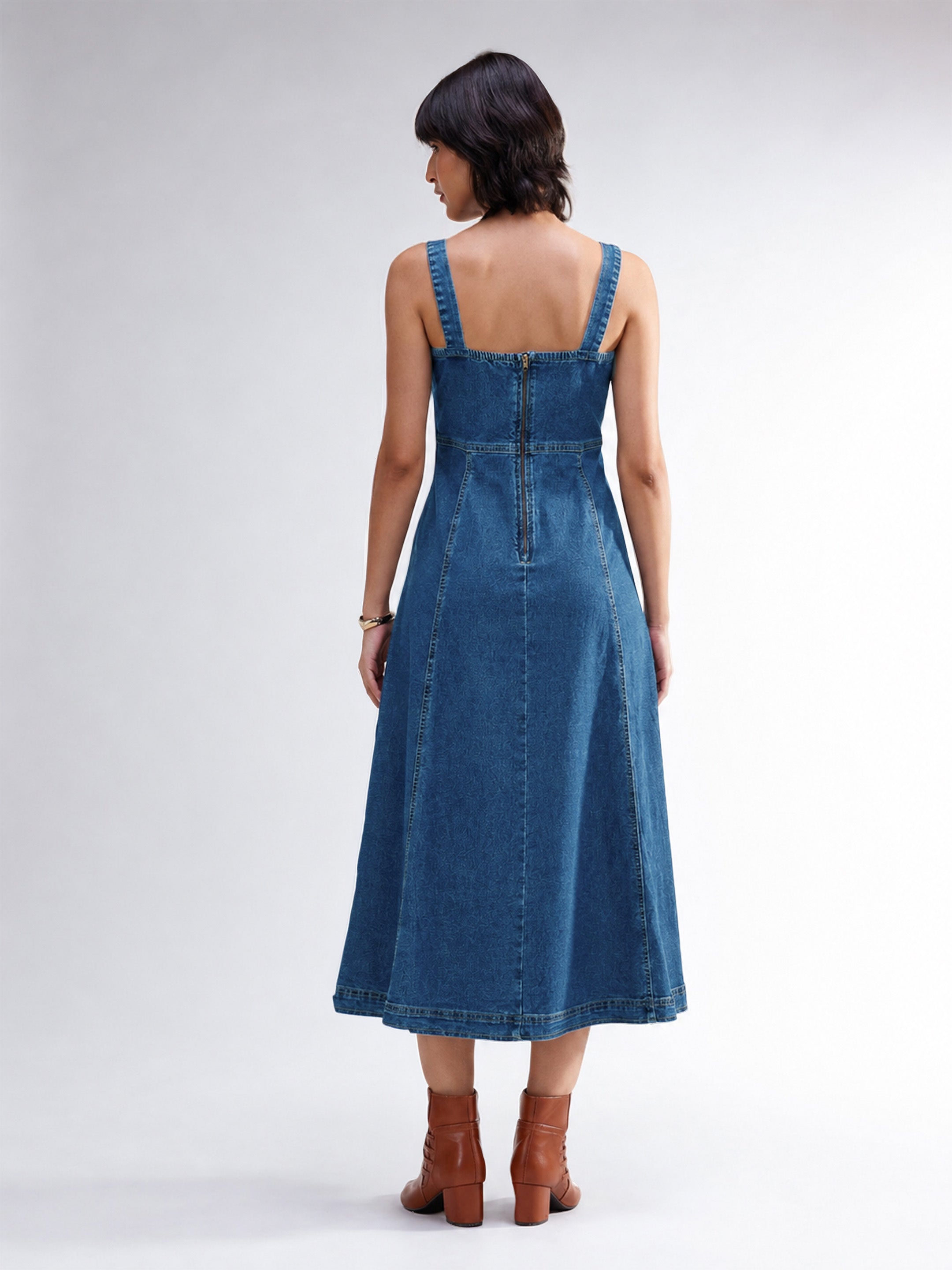 Women Blue Washed Denim Strappy A-Line Midi Dress