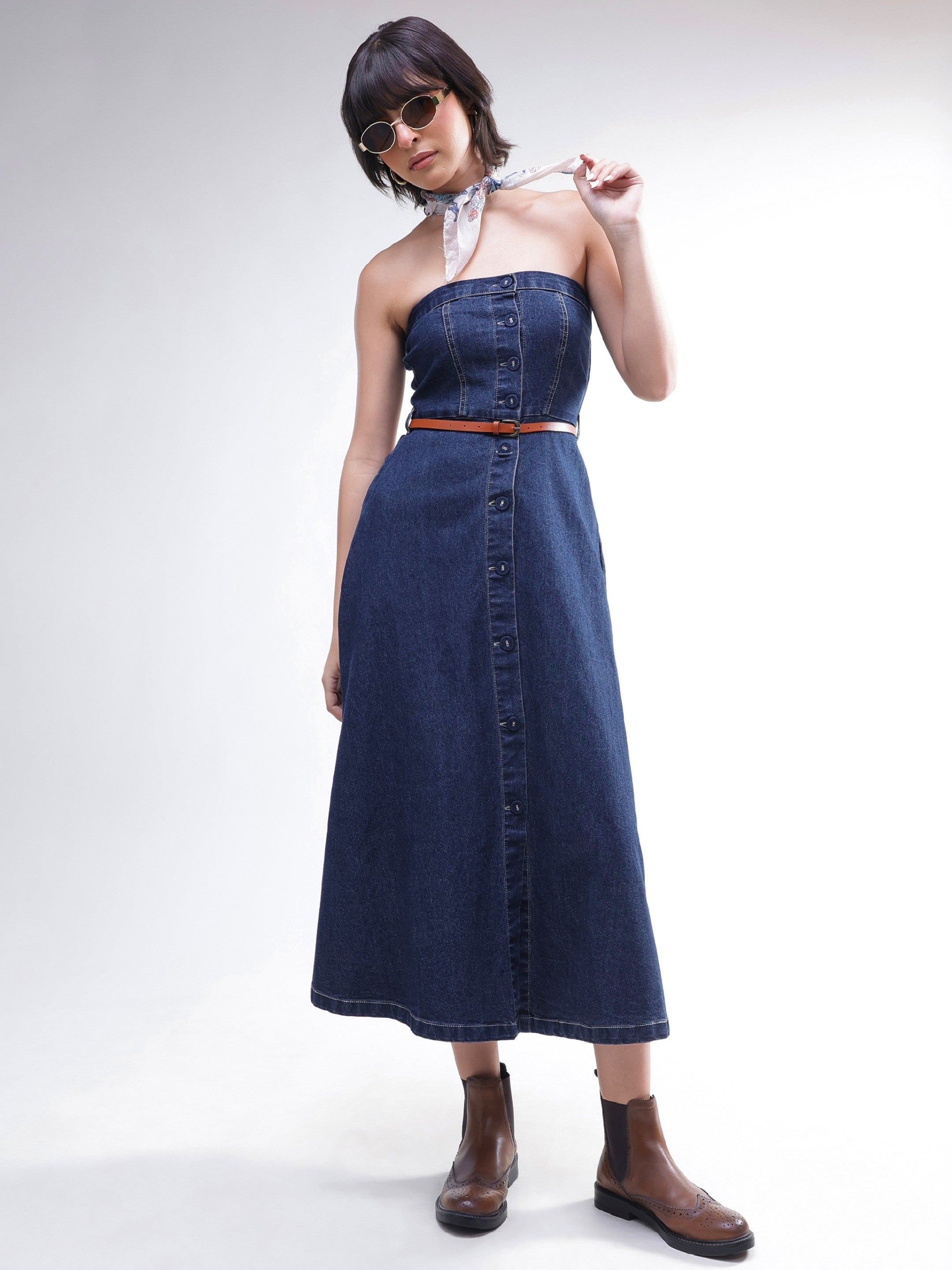 Women Navy Washed Denim Tube Dress