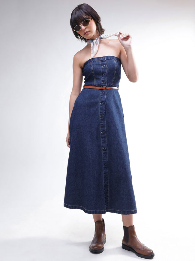 Women Navy Washed Denim Tube Dress