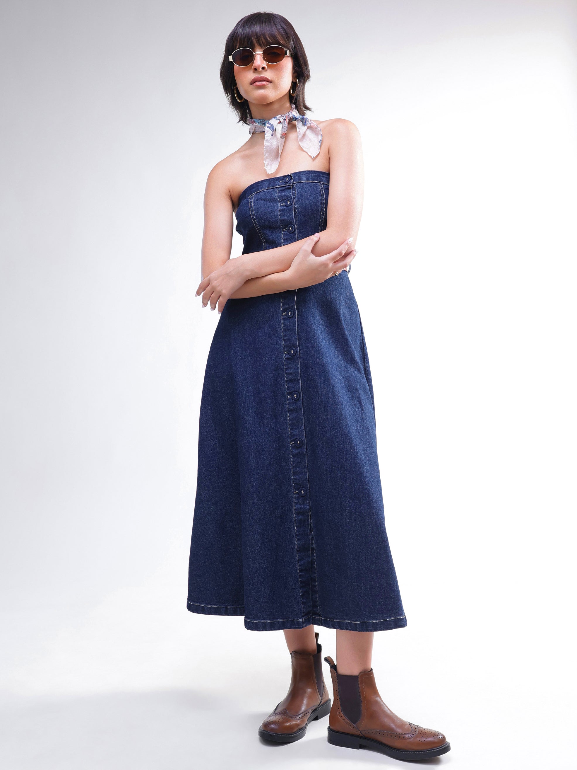 Women Navy Washed Denim Tube Dress