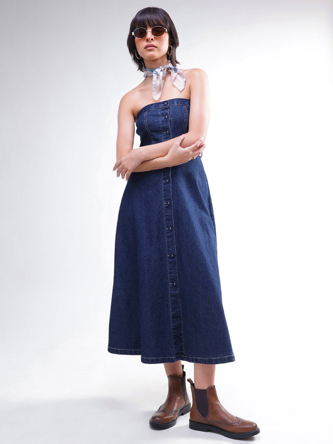 Women Navy Washed Denim Tube Dress