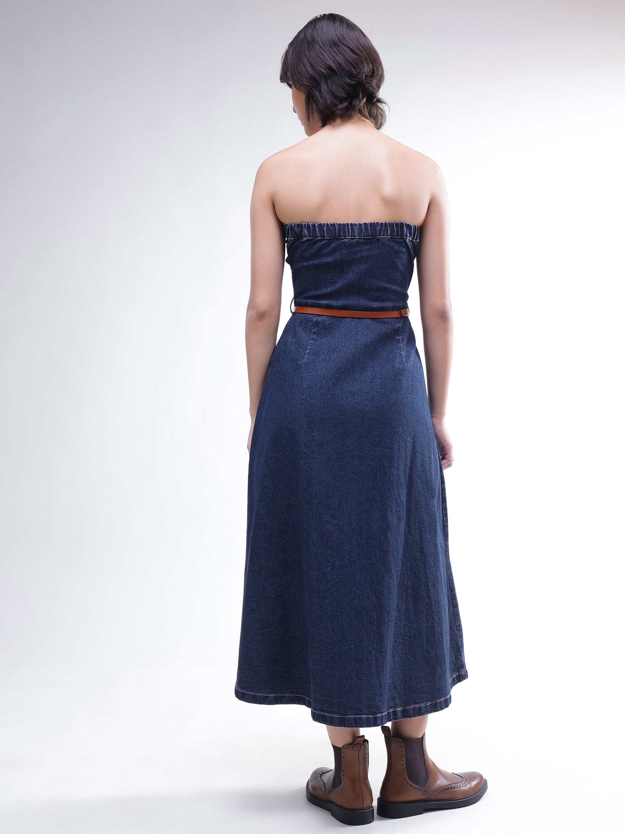 Women Navy Washed Denim Tube Dress