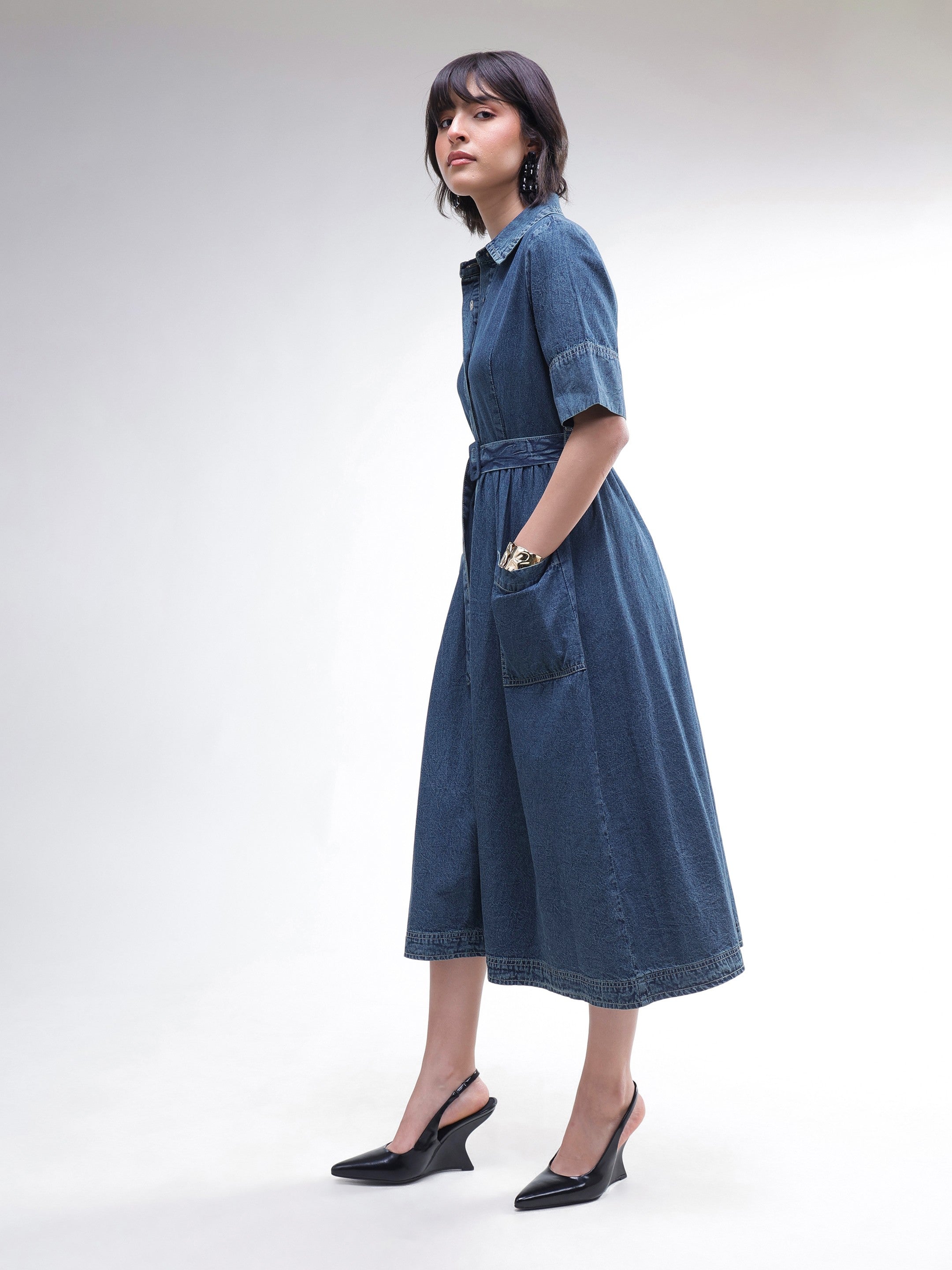 Women Blue Acid Washed Denim Belted Maxi Dress