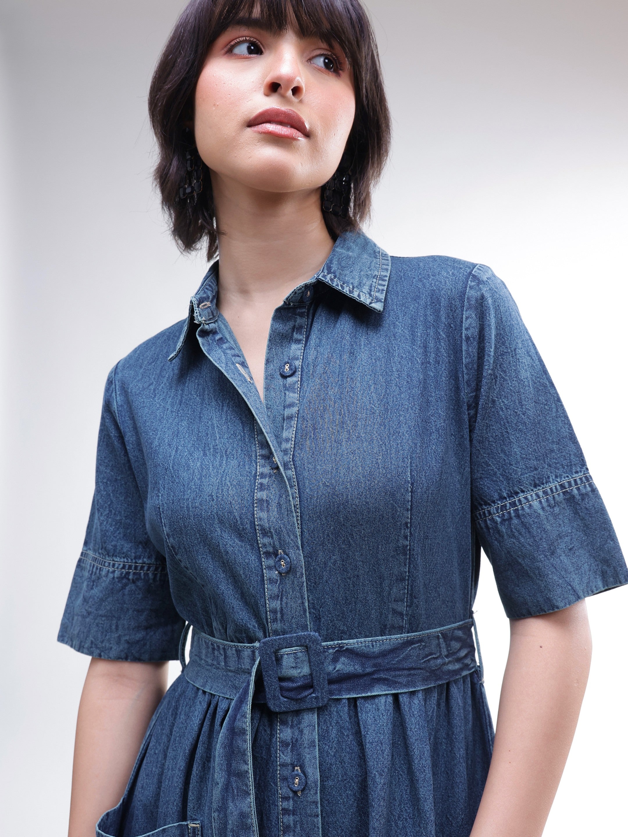 Women Blue Acid Washed Denim Belted Maxi Dress