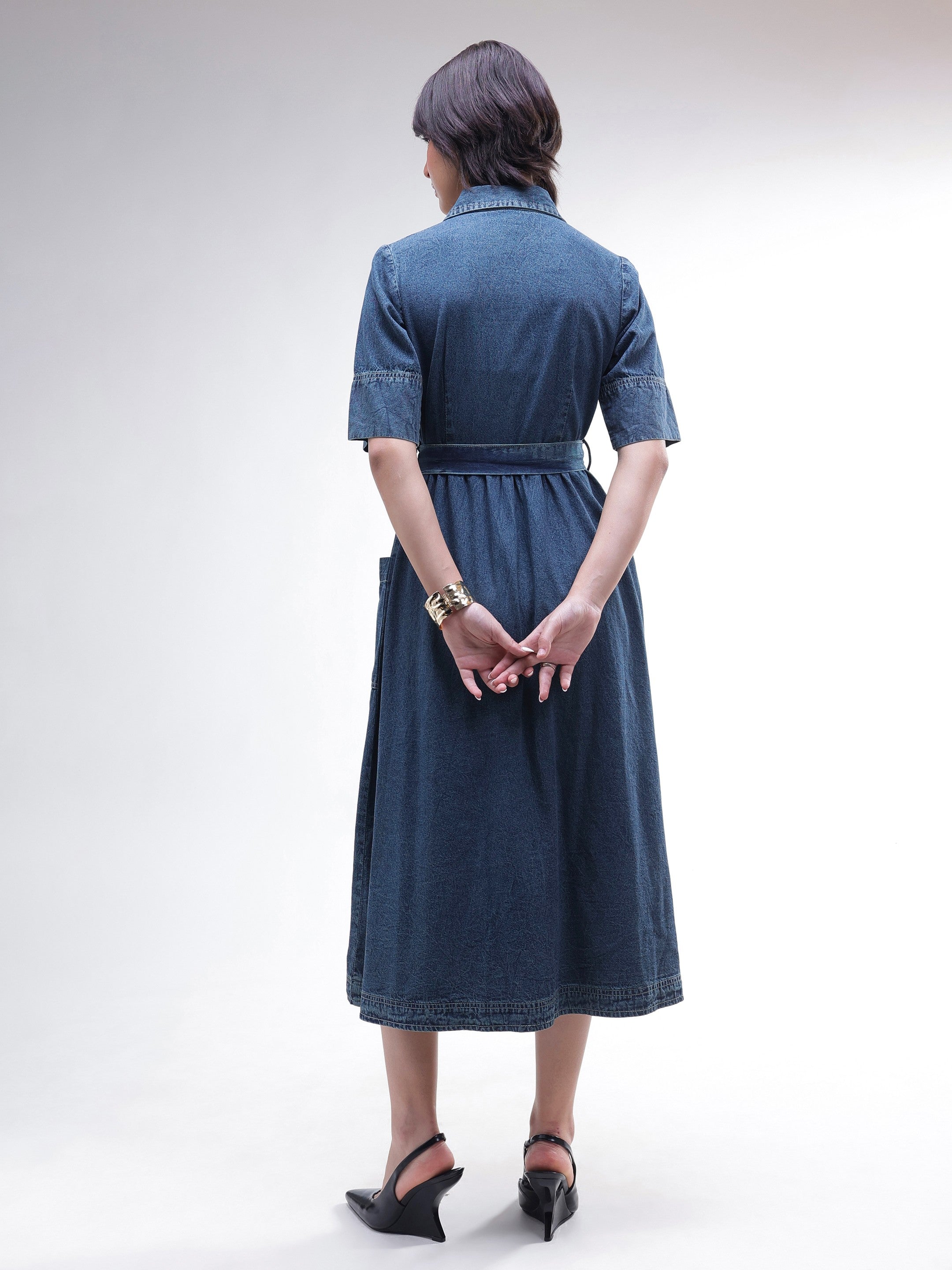 Women Blue Acid Washed Denim Belted Maxi Dress