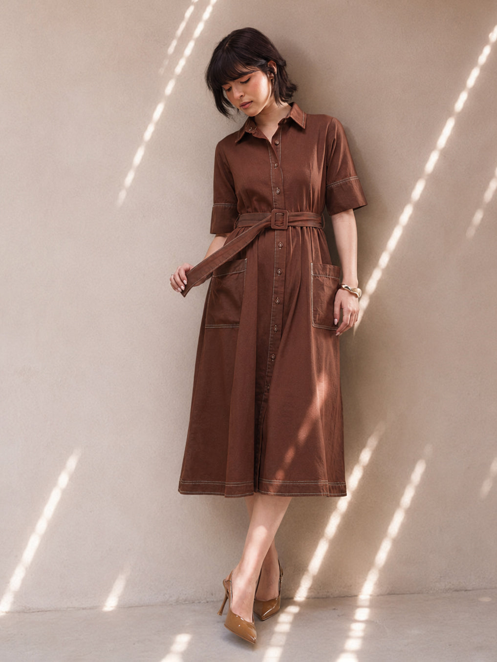 Women Brown Wash Denim Belted Maxi Dress