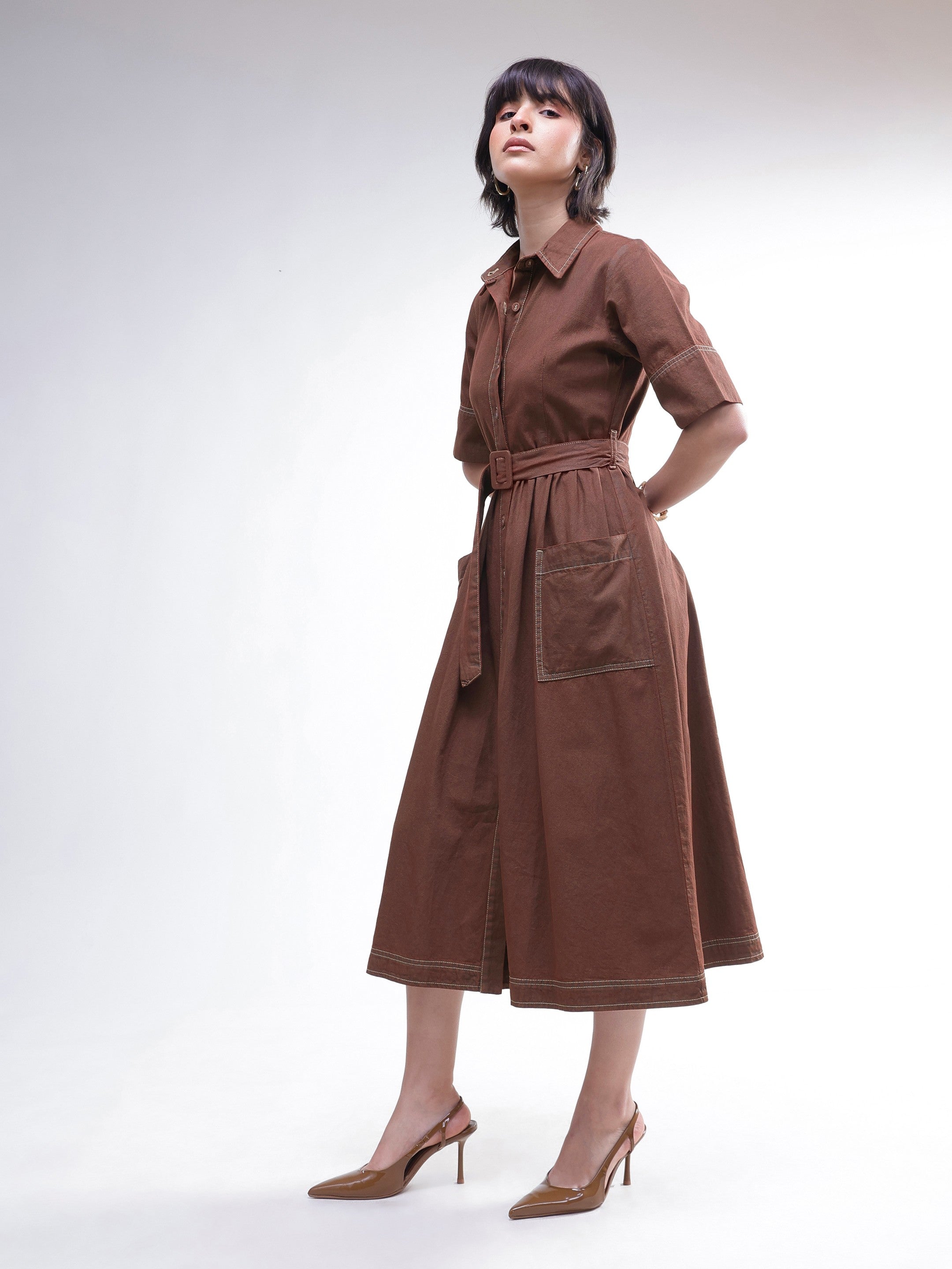 Women Brown Wash Denim Belted Maxi Dress
