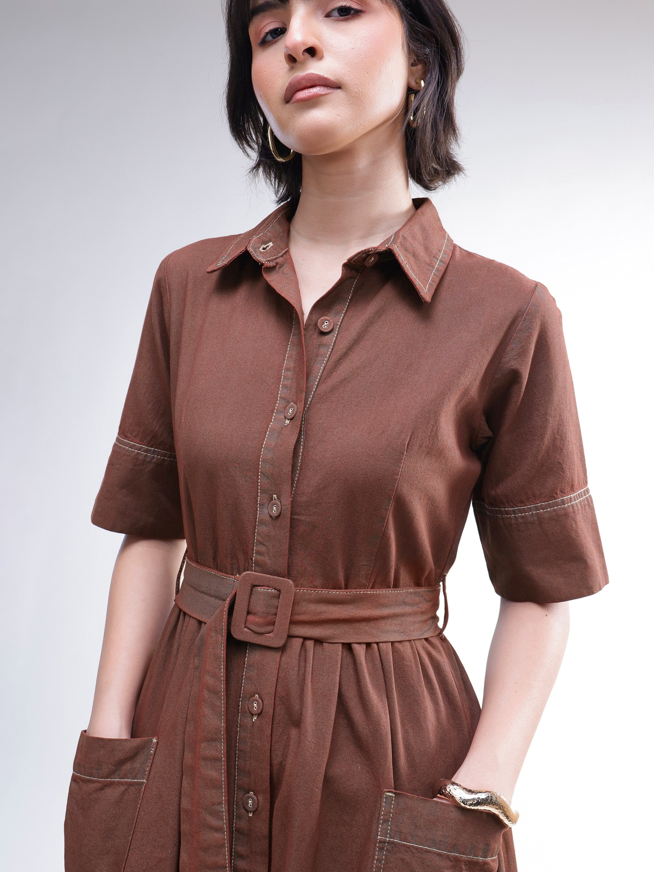 Women Brown Wash Denim Belted Maxi Dress