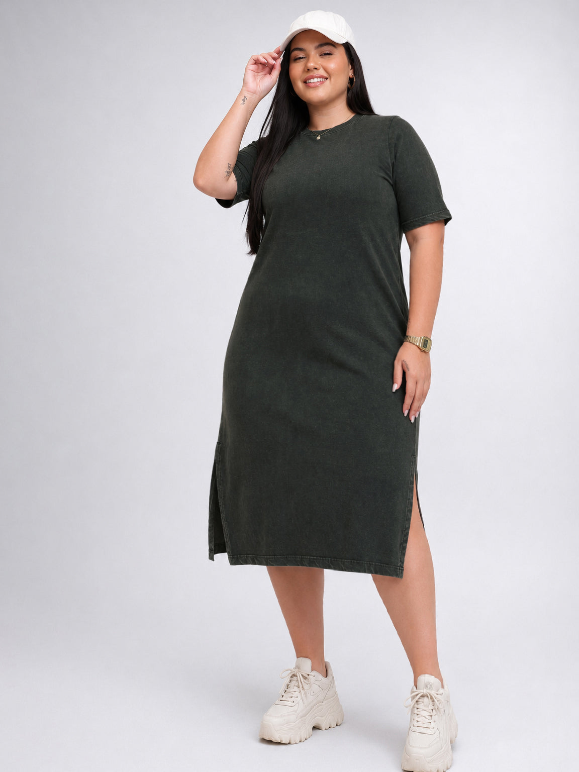 Women Olive Overdyed Round Neck T Shirt Dress