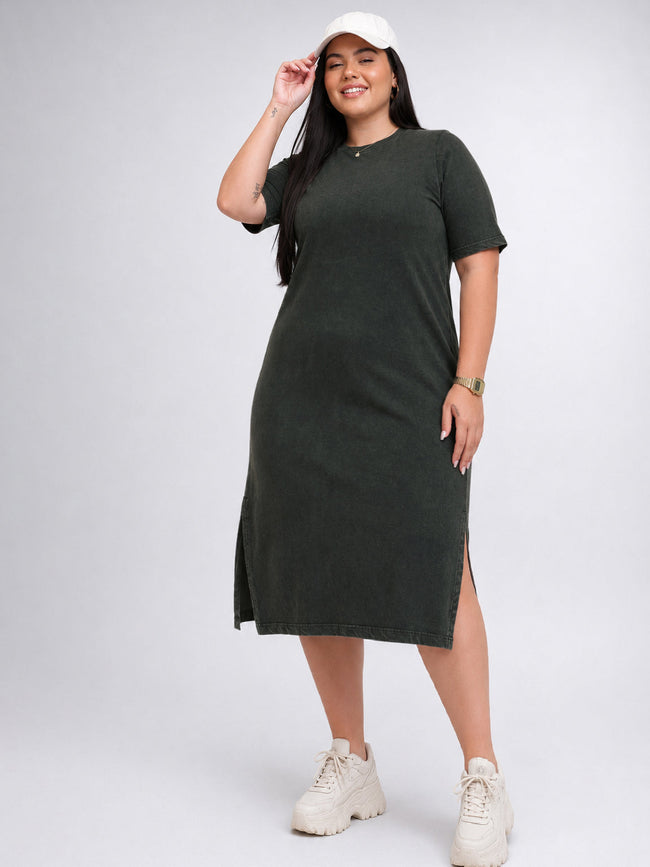 Women Olive Overdyed Round Neck T Shirt Dress