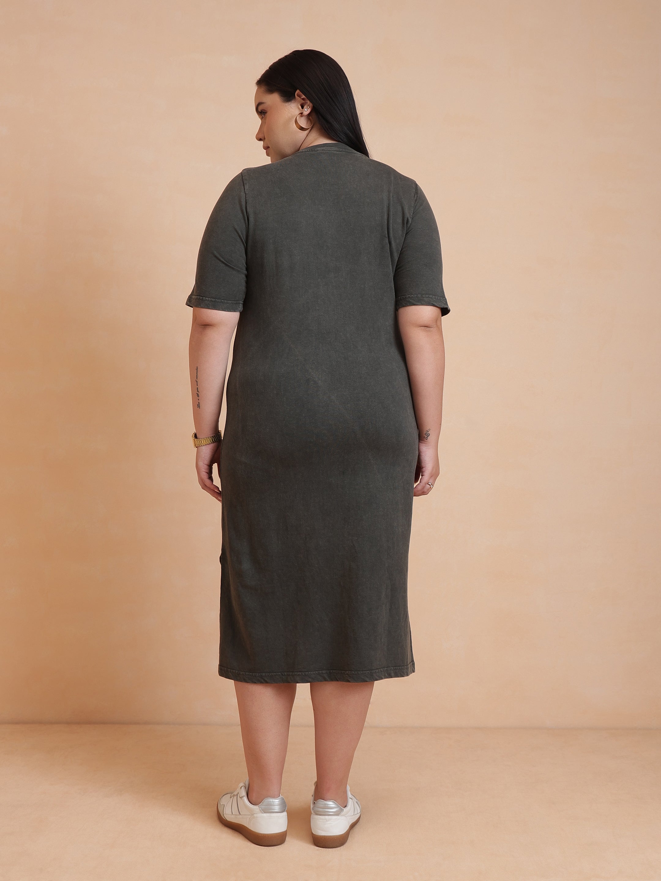 Women Olive Overdyed Round Neck T Shirt Dress