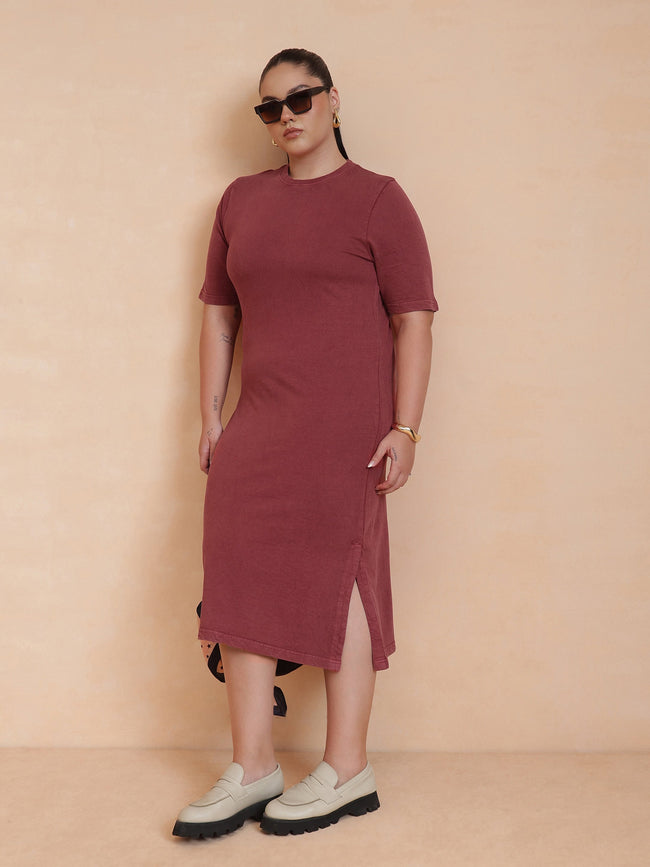 Women Red Overdyed Round Neck T Shirt Dress