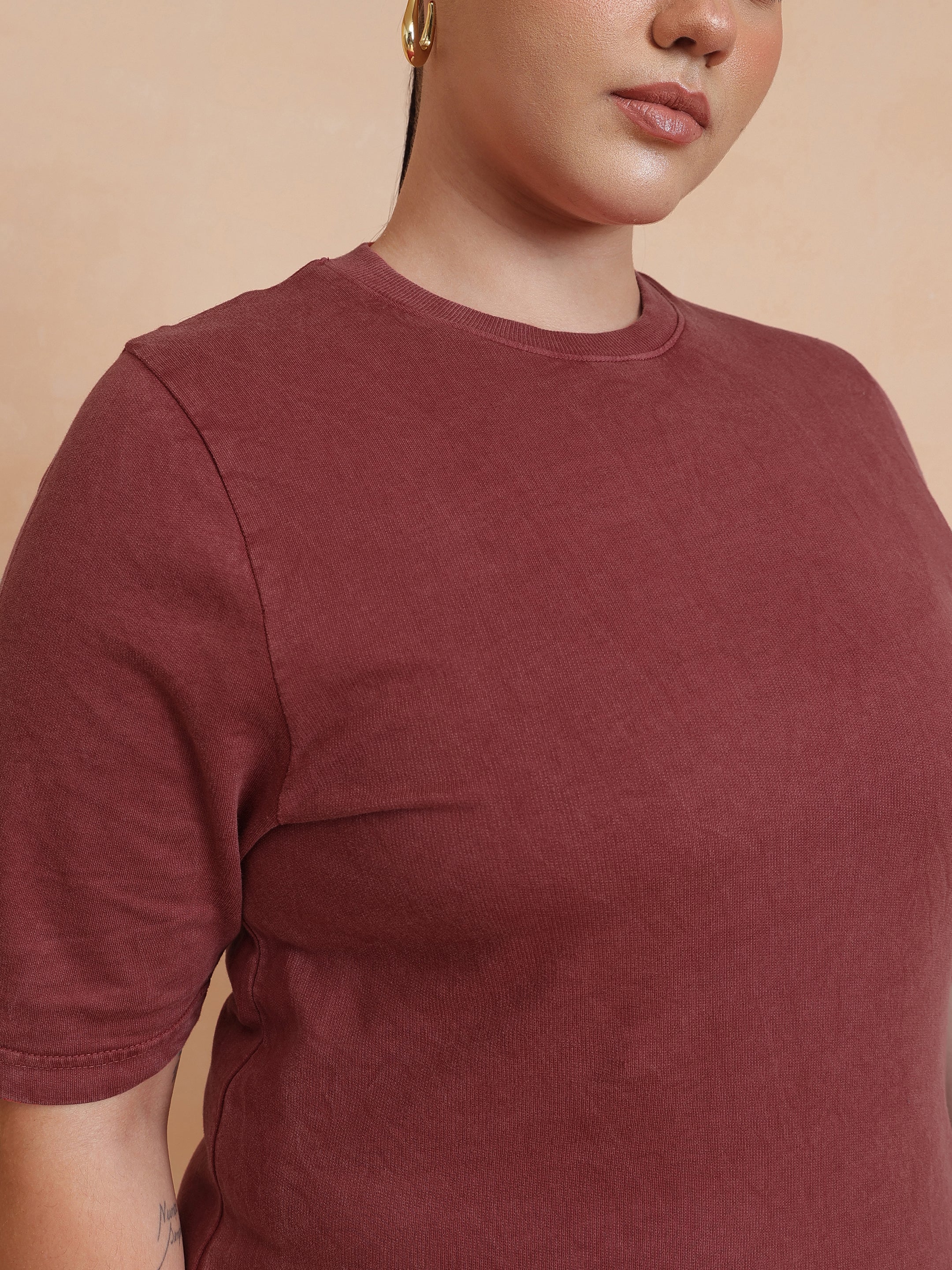 Women Red Overdyed Round Neck T Shirt Dress