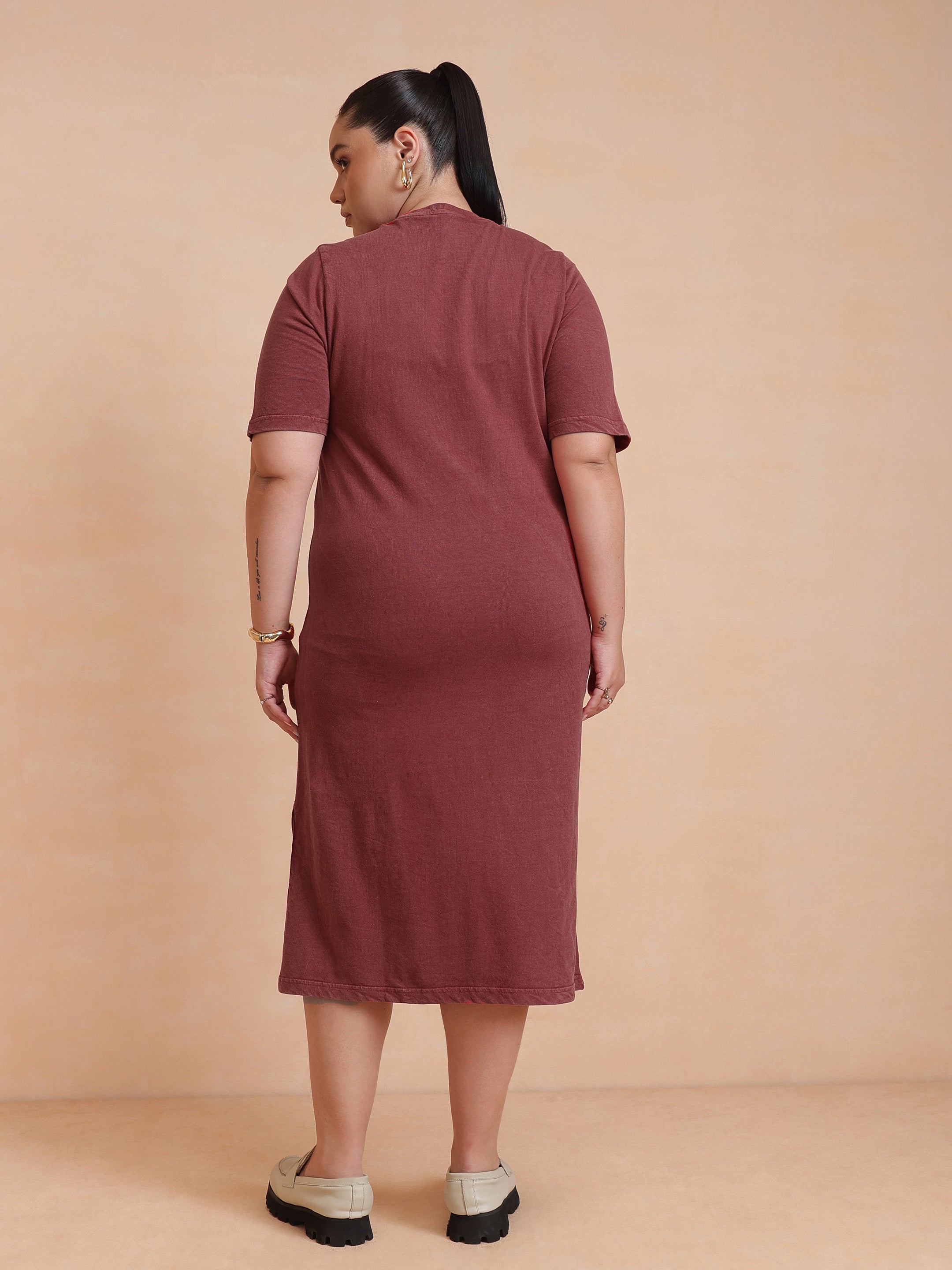 Women Red Overdyed Round Neck T Shirt Dress
