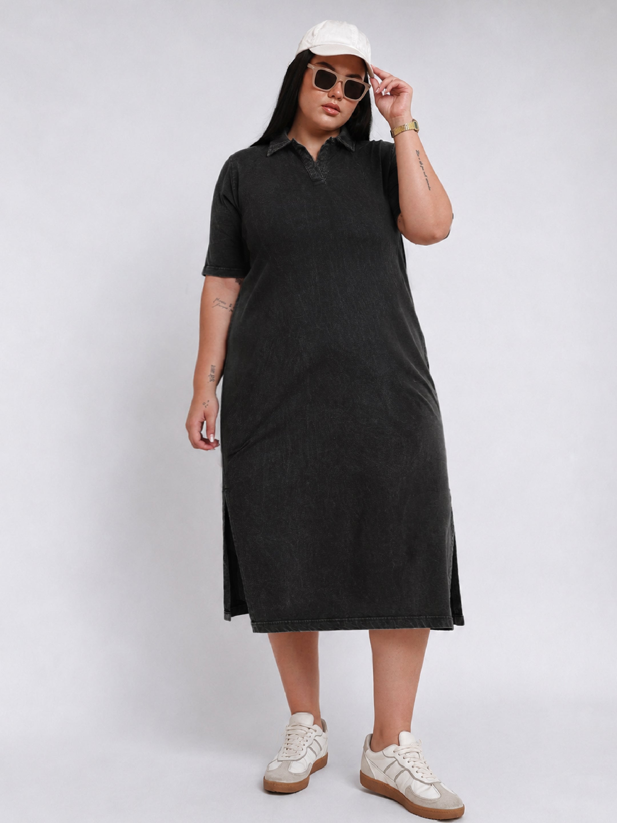 Women Black Overdyed Polo Neck Side Slit Midi Dress