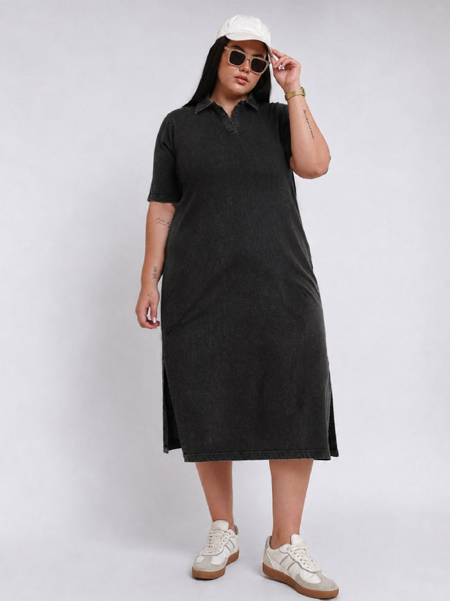 Women Black Overdyed Polo Neck Side Slit Midi Dress