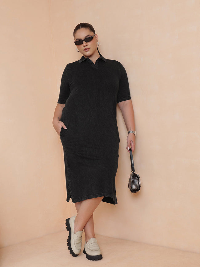 Women Black Overdyed Polo Neck Side Slit Midi Dress
